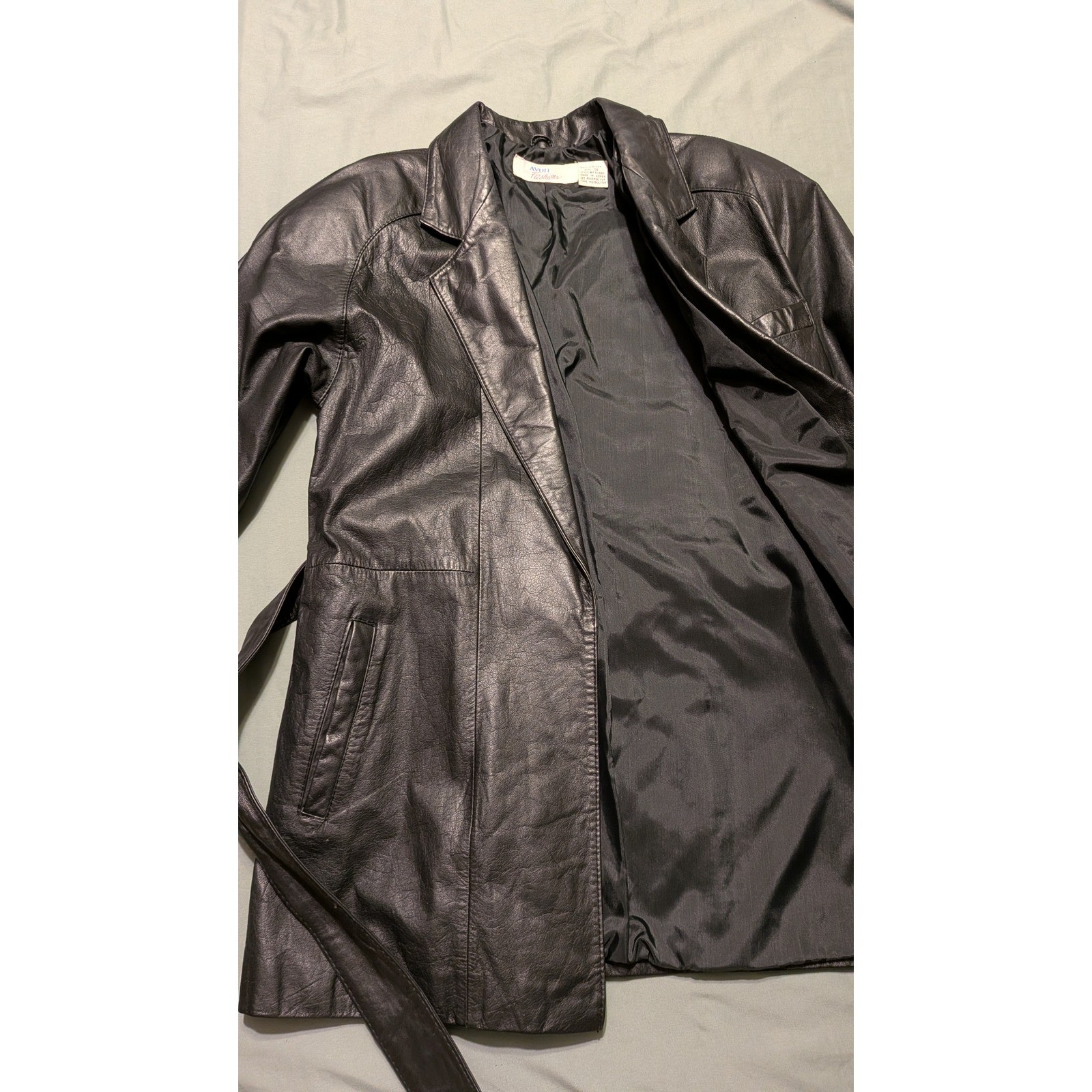 Avon Fashions Black Leather Trench Coat Vintage Belted Jacket F5133X Womens SM