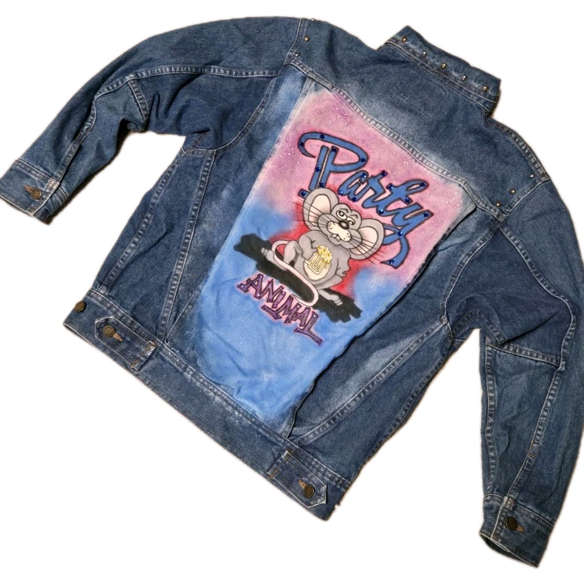 Vtg Denim Trucker Jacket Hand Painted PARTY ANIMAL Rat Studded ANZANI Sz S RARE!