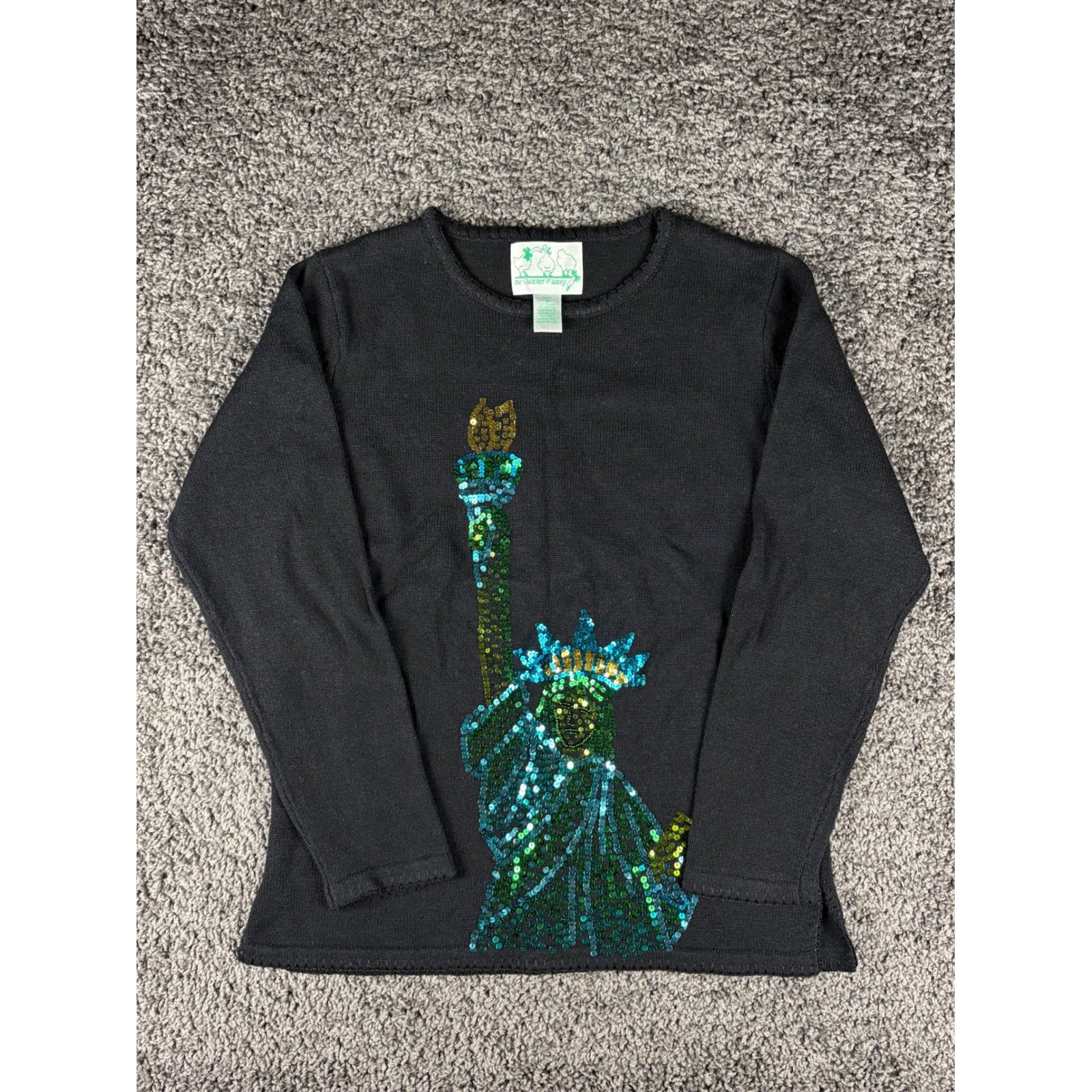 Vintage Quacker Factory Statue of Liberty Sequin Sweater Black Womens Medium