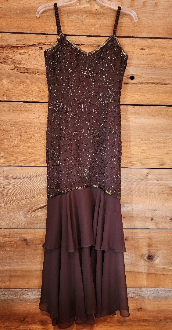 A.J. Bari Vintage 90’s Bronze Beaded Floor-length Silk 2-tiered Trumpet Ballgown