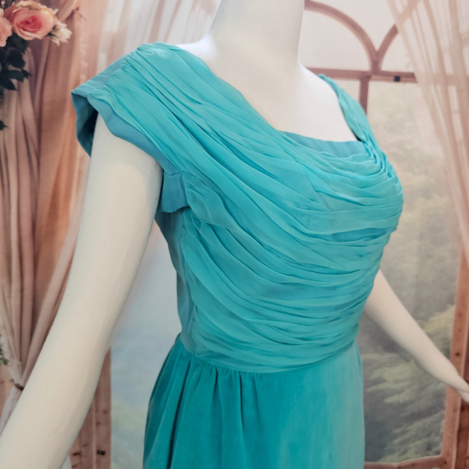 Vintage 1950s Dress Jay Herbert California Teal Ruched Draped Cocktail Formal