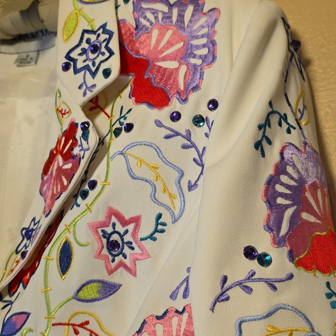 Vtg John Meyer of Norwich Floral Embroidered Jacket Blazer White Sz 16 Romania
