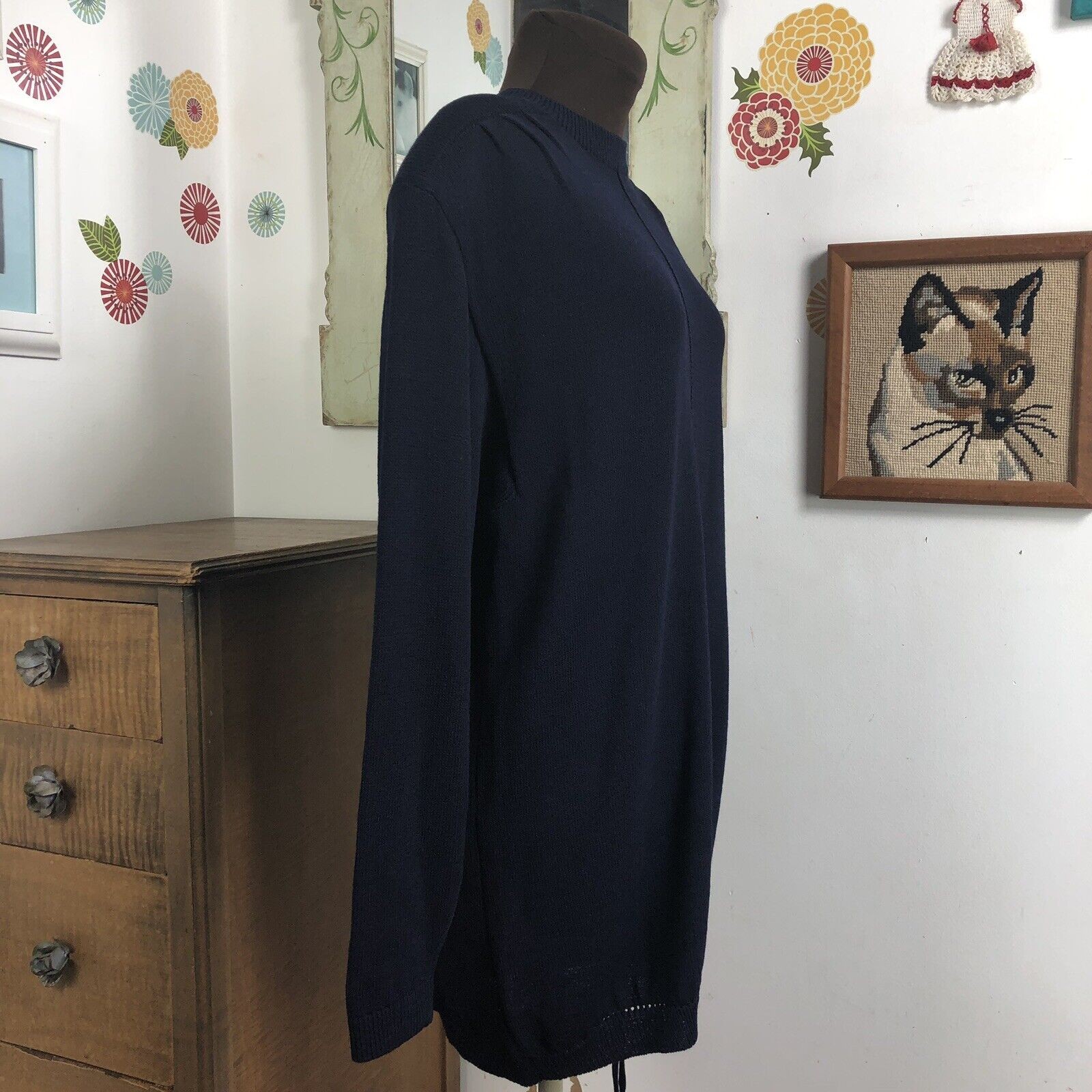 Vintage St. John Santana Knit Tunic Top, 1980s Navy Blue Sweater, Sz S