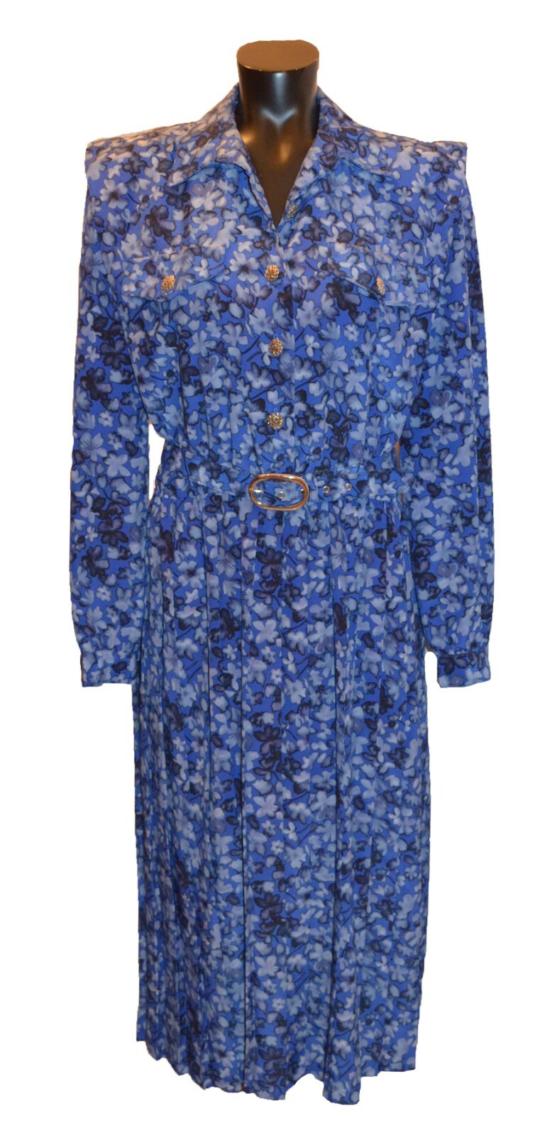 Unknown Brand Vintage 80s Blue Long Sleeve Floral USA Made Belted Dress size 12