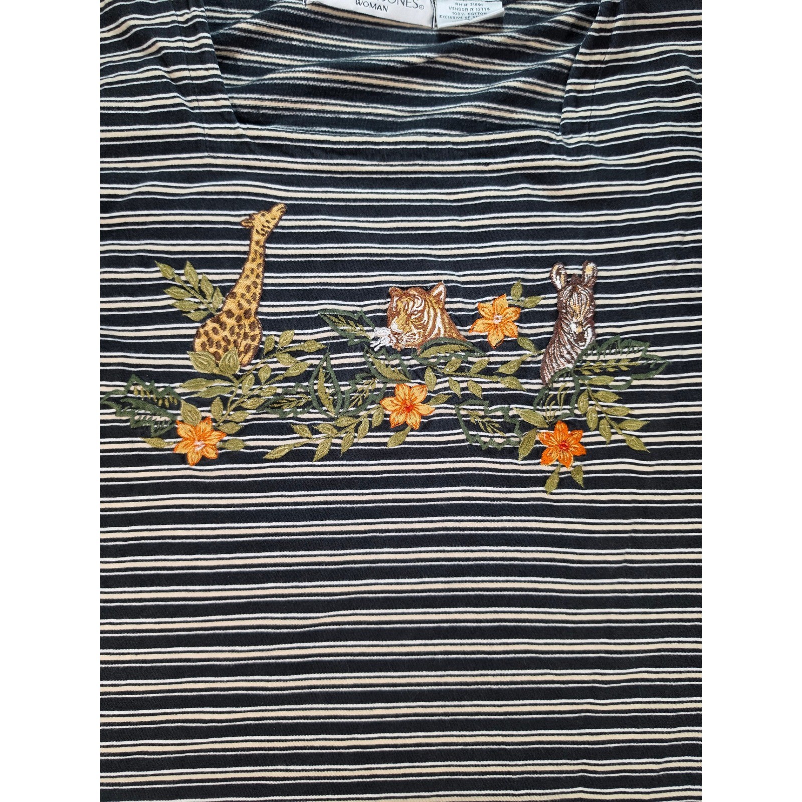 Vintage Victoria Jones Woman Safari Embroidered Striped T-Shirt Black 3X