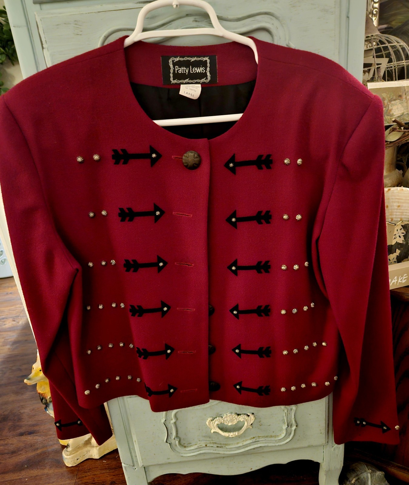 Patty Lewis VTG Wool Jacket W/ Suede Trim & Brass Buttons Sz Lrg Dark RED