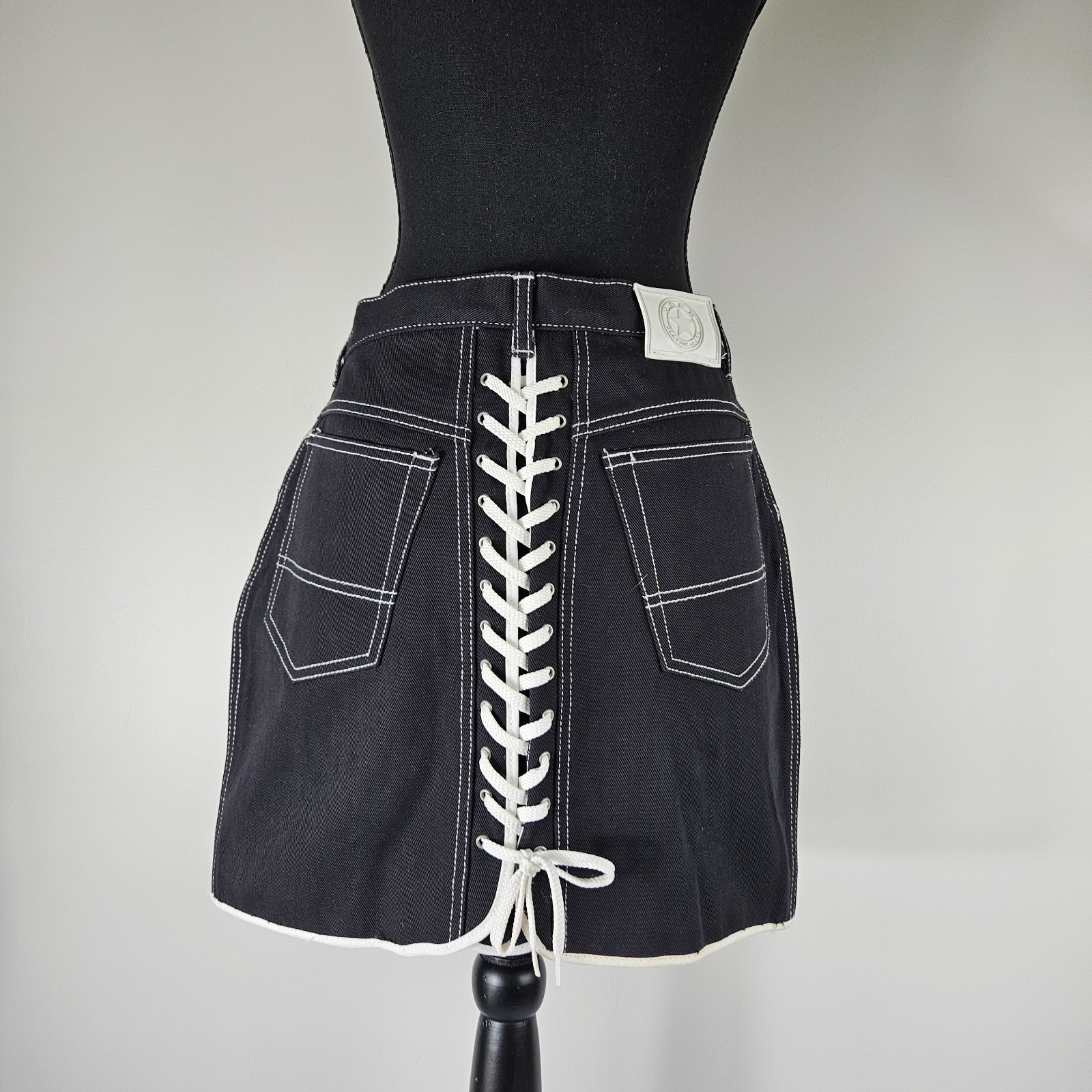 NWOT VINTAGE 80S „GET USED” ELIE LACE UP BACK BLACK WOMEN’S SKIRT BASEBALL Sz 30