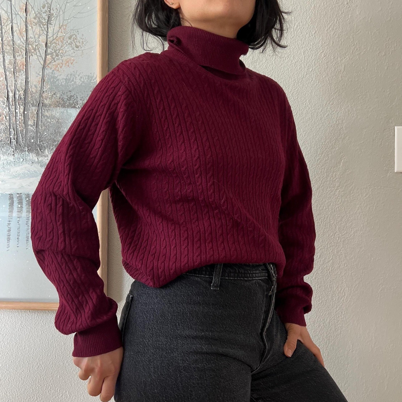 vintage 90s Silk Cashmere Turtleneck Sweater Burgundy Cable Knit Neiman Marcus