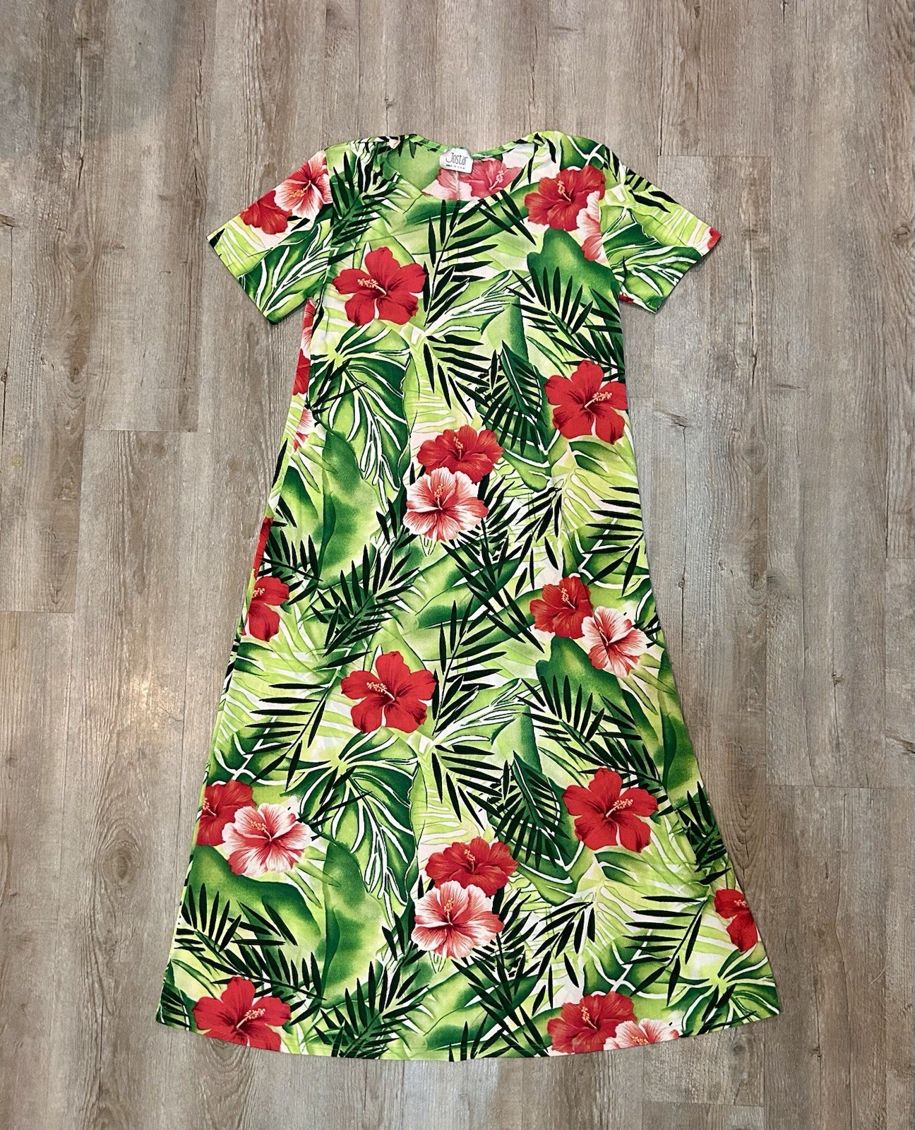 Vintage Jostar USA Tropical Print Travel Slinky Midi Dress Resortwear Paper Tag
