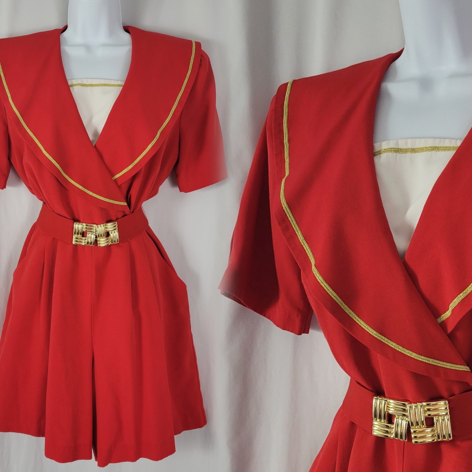 Vtg John Roberts Red Shorts Romper w White Dickey & Gold Trim Accent Size 8