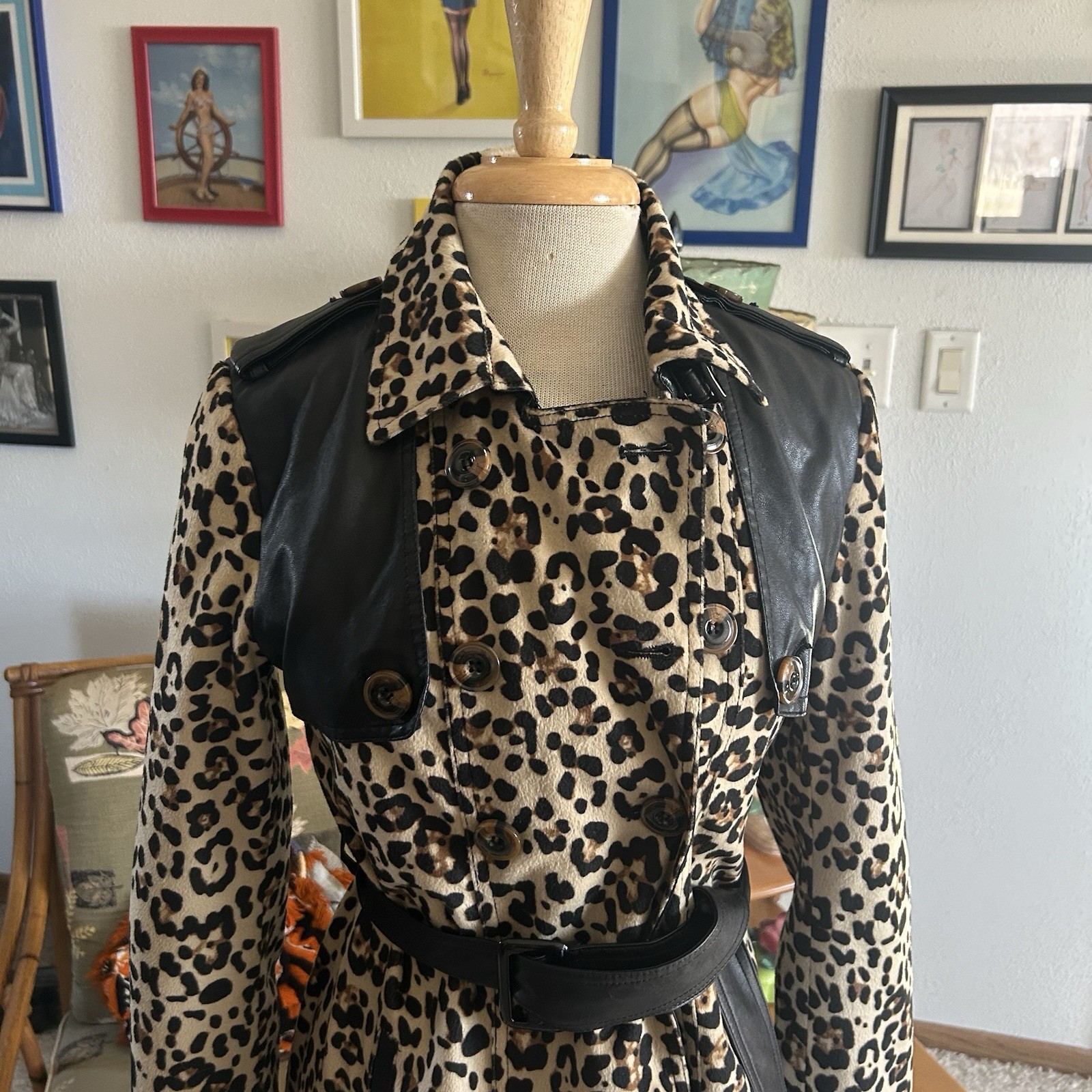 Retro 1950s style Coat | Leopard | Trench | Belted | S M | Colorblock | 60s