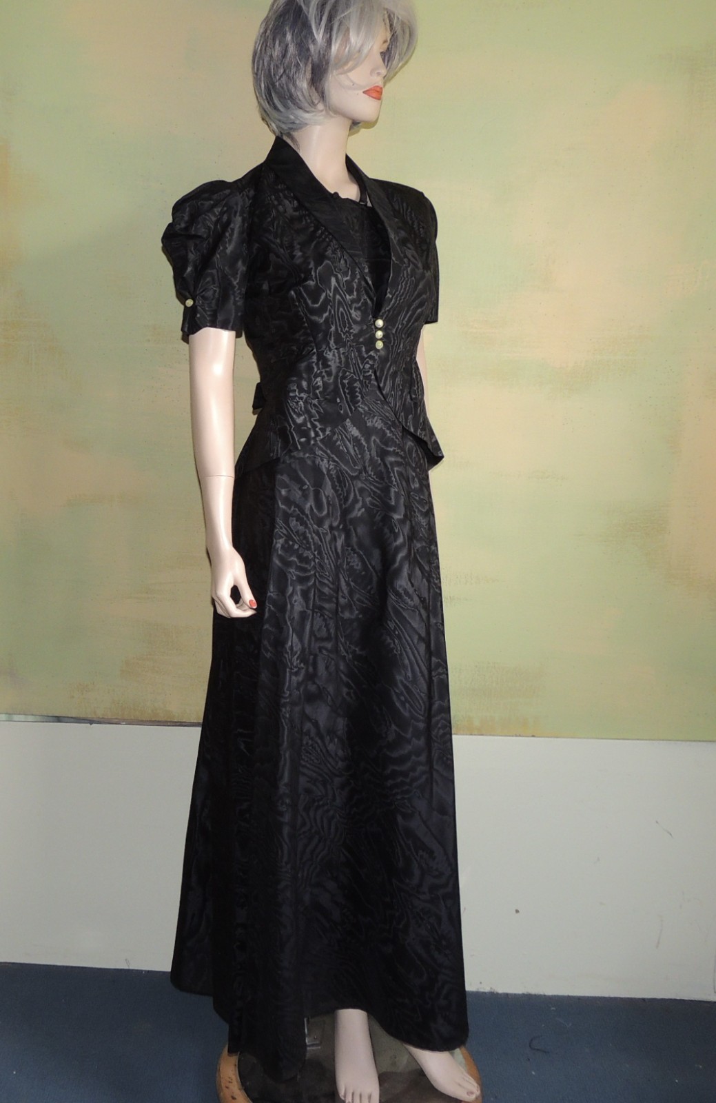 Marontate 40s Dress Black Moire Taffeta Halter with Peplum Jacket