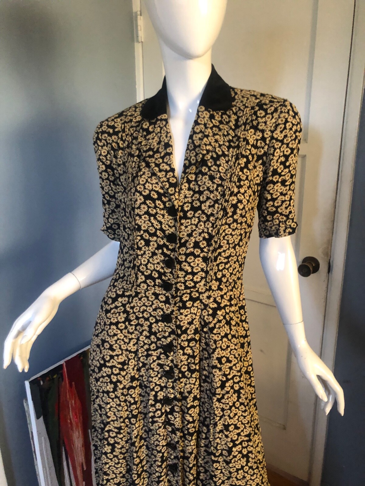 Vtg 90s 30s KAREN ALEXANDER Dress 4 S M Midi Rayon Mini DAISY FLORAL Cottagecore