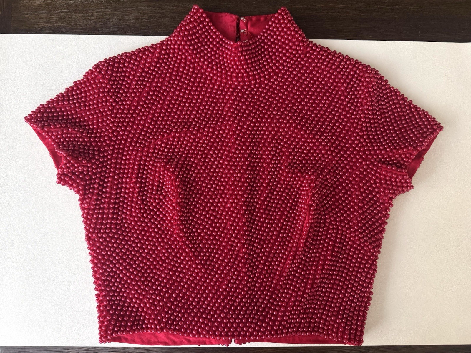 Vintage Cache Red Pearl Beaded Top 80s 90s Mock Neck Editorial Glam Sz 8