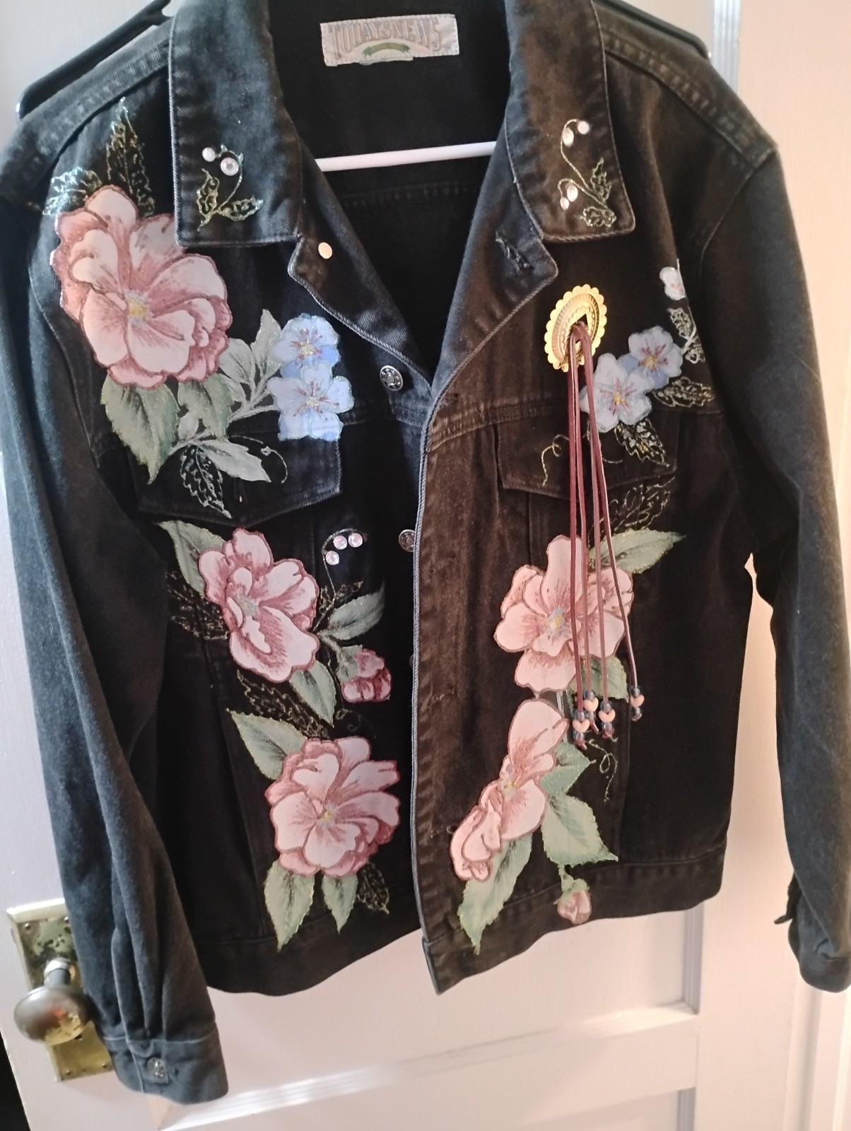 Vintage 80s Todays News Black Denim Jacket Embroidered Floral Rhinestone Concho