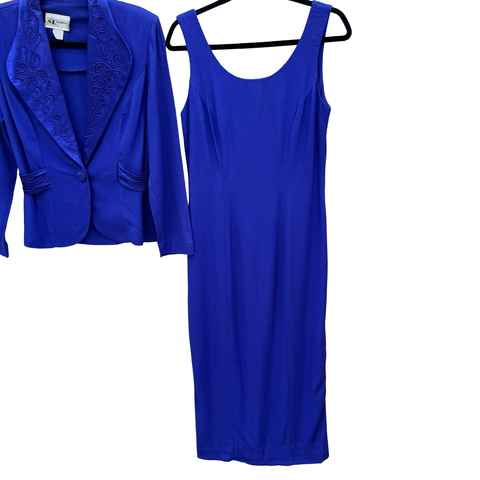 SL Fashions Vintage Royal Blue Dress and Blazer Set Size 10 Soutache Beaded USA
