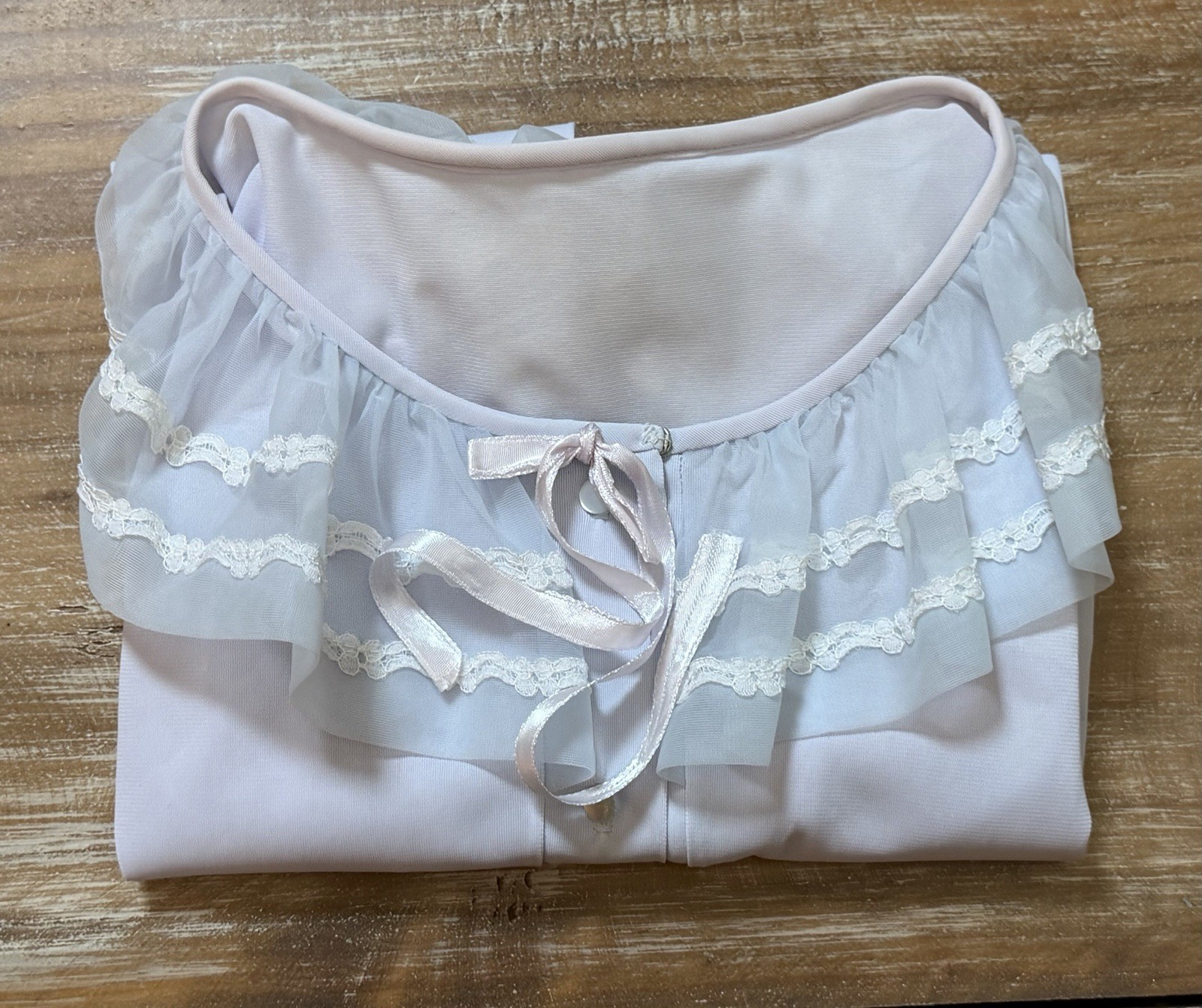 VTG 1950s MISS ELAINE Pale Lavender-Blue Pajama Top-BED JACKET PJ Sheer Lace M/L