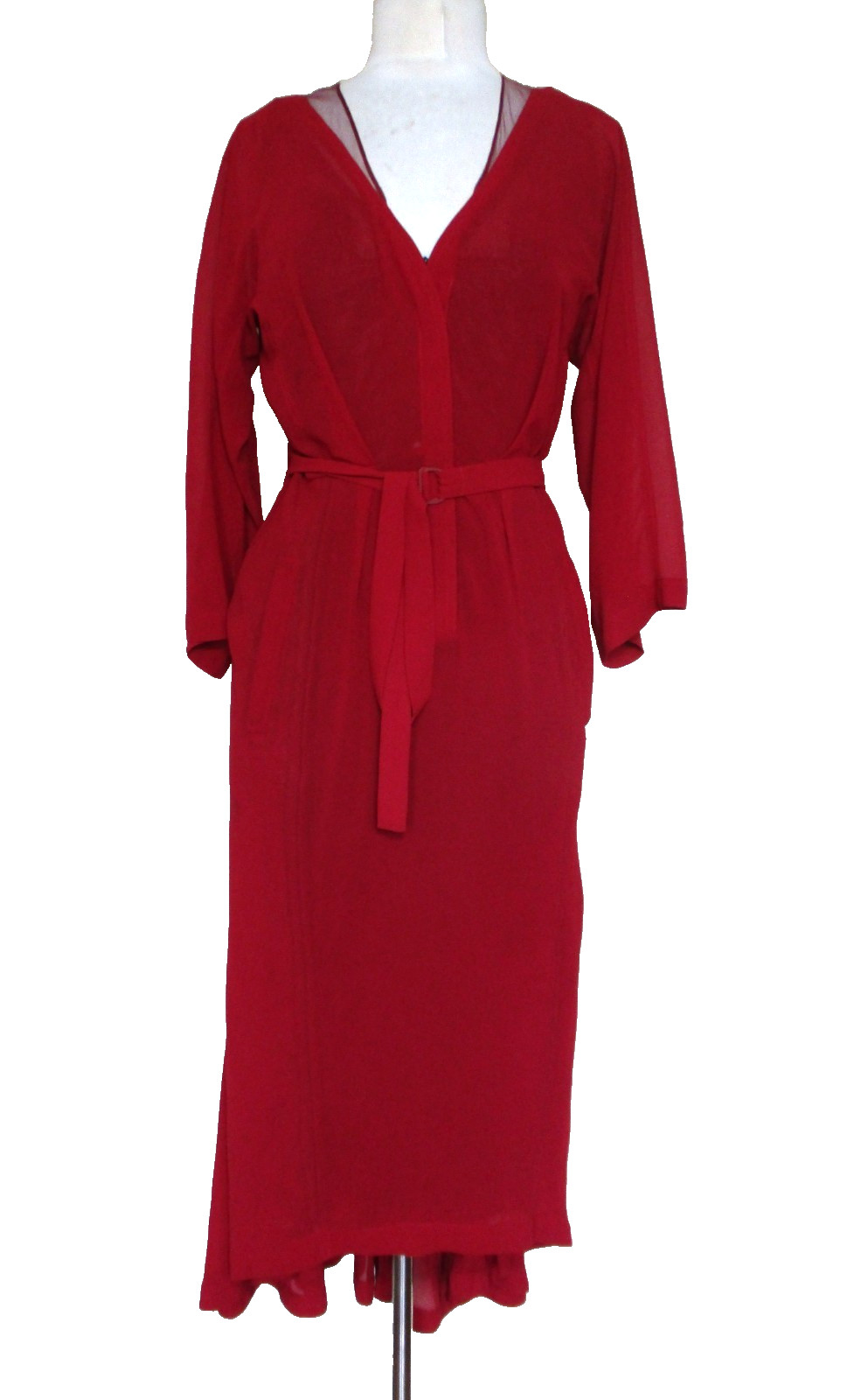 Vtg 30s Style Handmade Dress Womens S/M Red Chiffon Lace Cami Mesh Inset