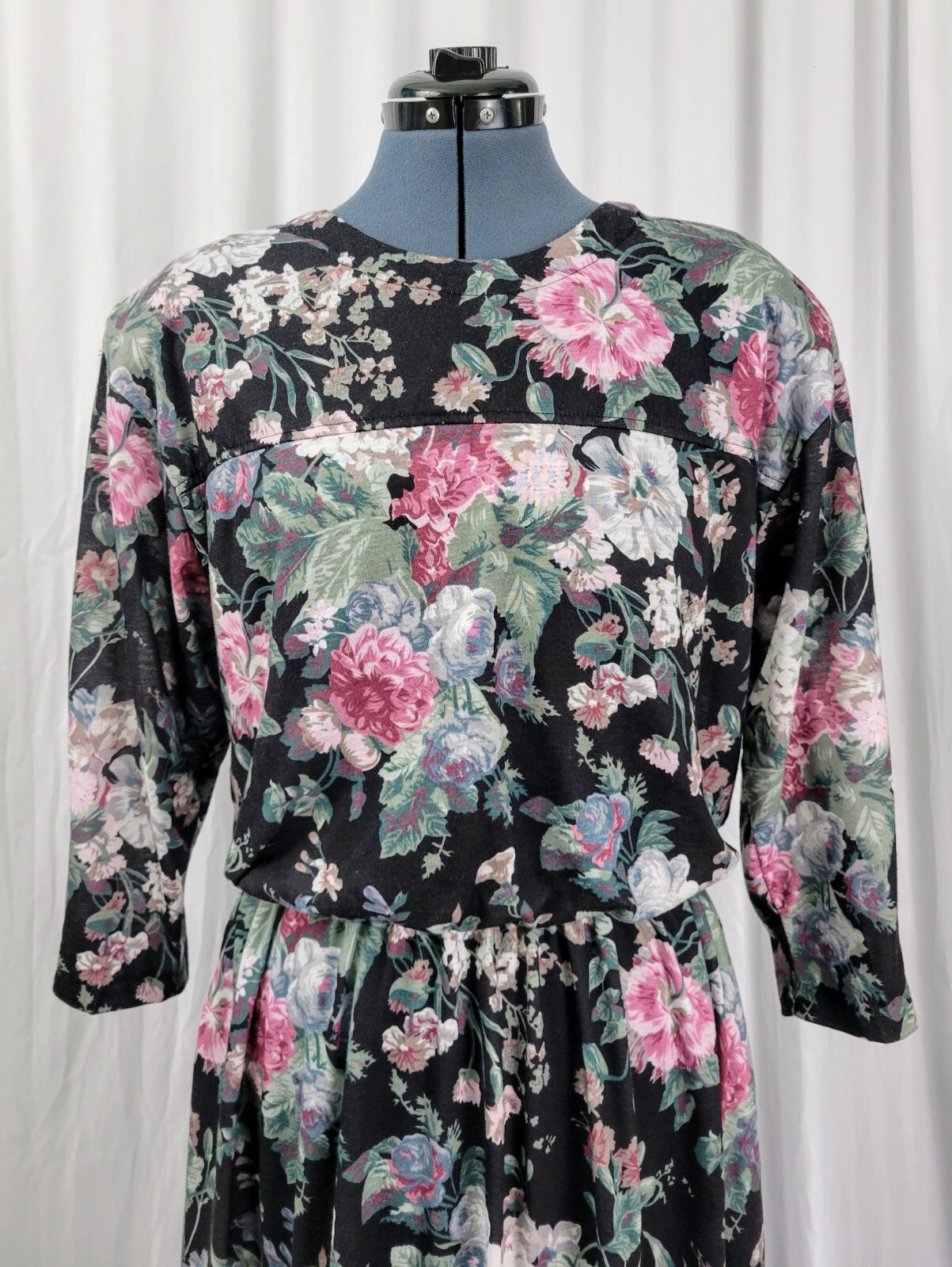 Vintage Meryl Fashions Ltd Black Blouson Dress w Pink & Green Florals Size 12