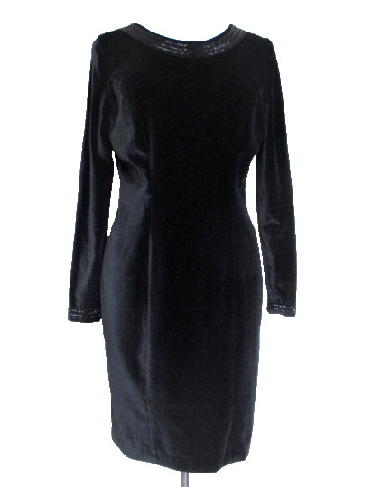Vintage Laura Ashley Dress M Women Black Velvet Bead Trim Long Sleeve