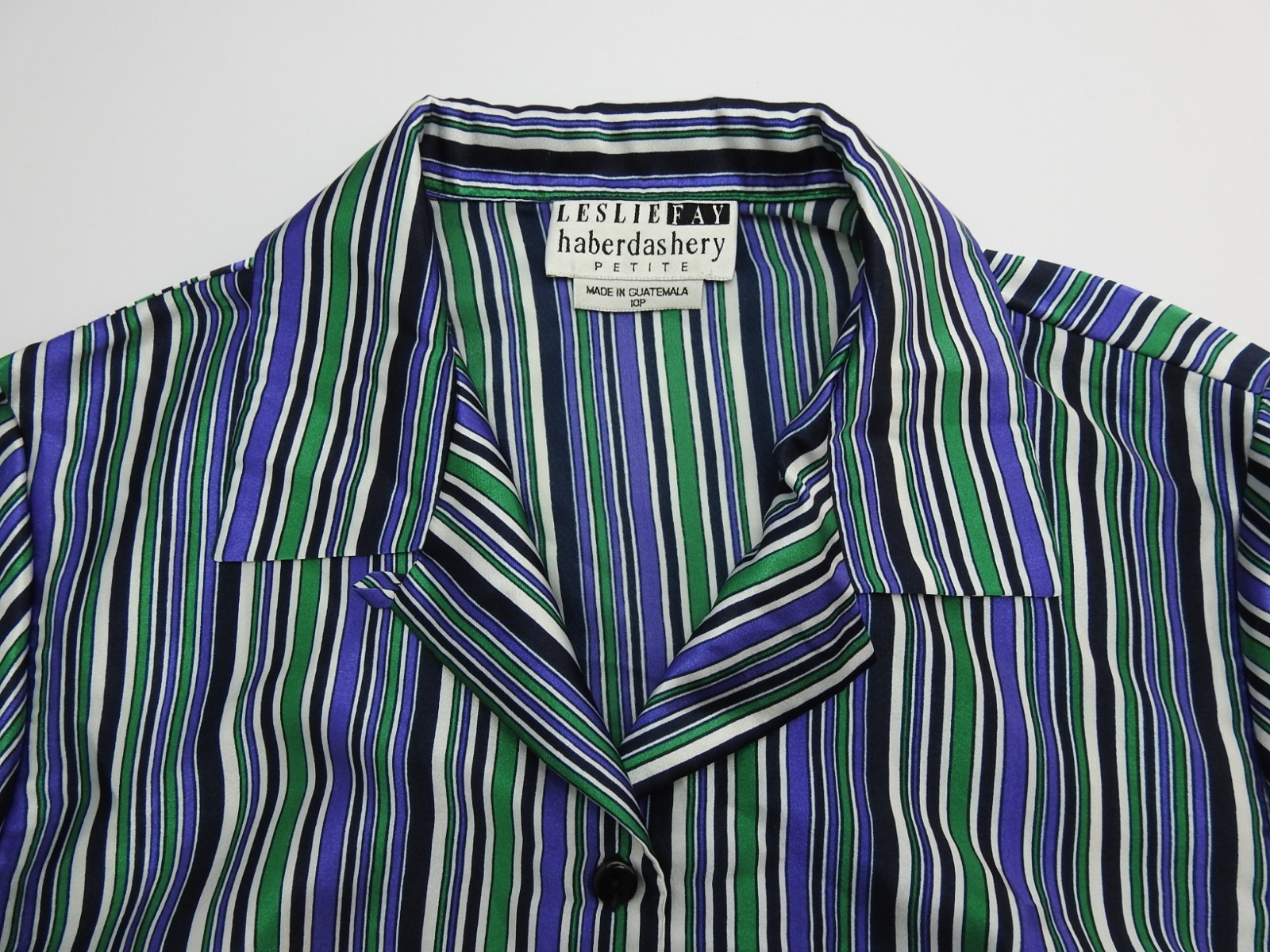 Vintage Leslie Fay Petite Size 10 Striped Button Front Blouse Statin Purple