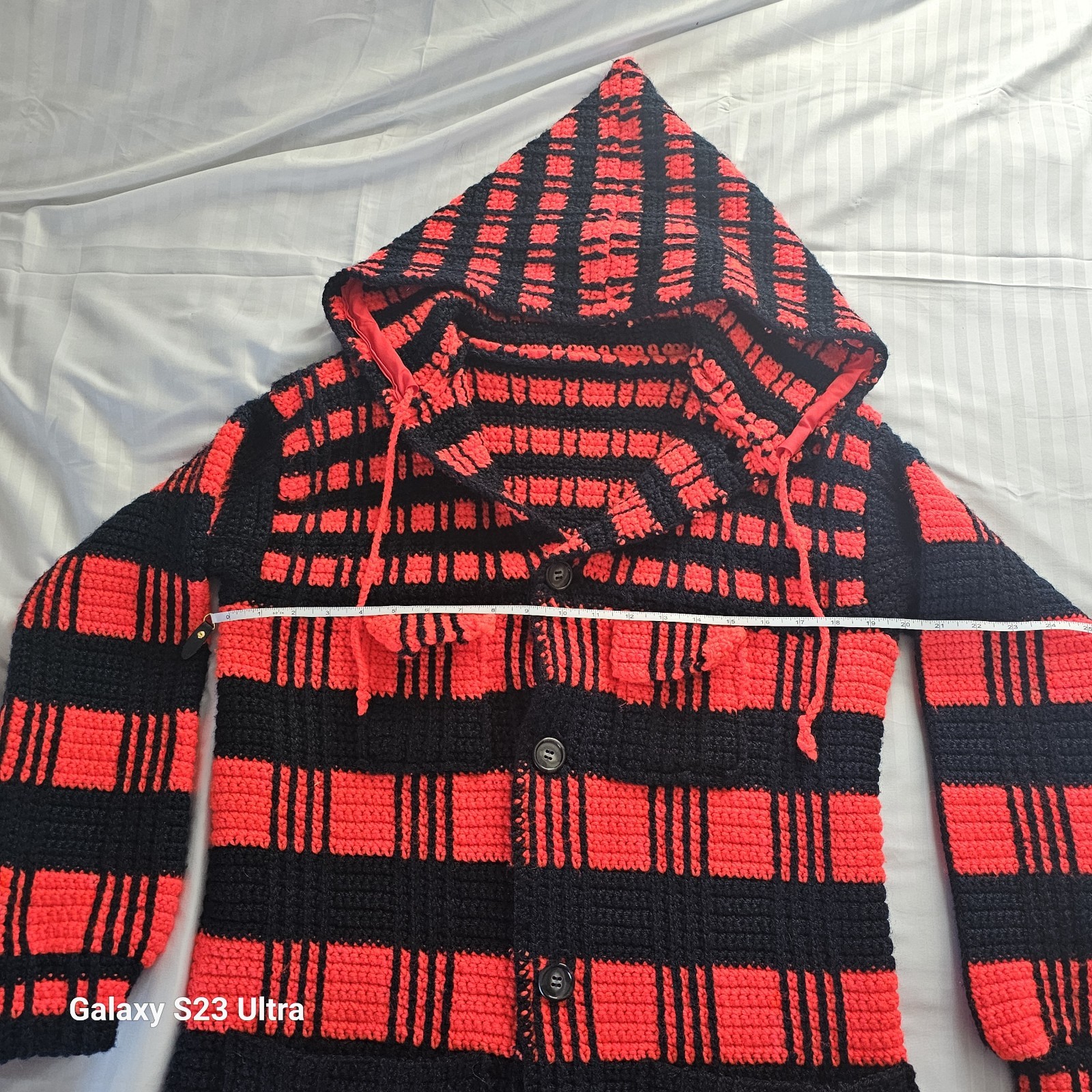 VTG 70s CROTCHET Black and Red HEAVY Jacket Coat w HOOD BUTTONS POCKETS Handmade