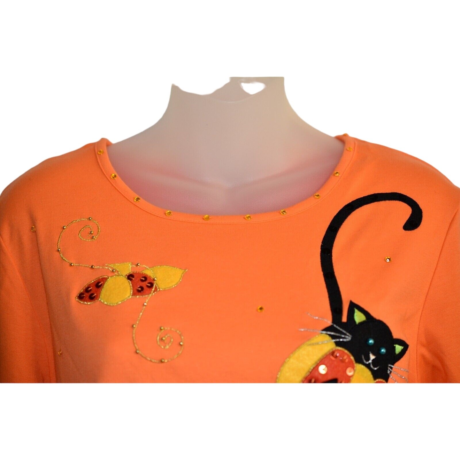 Jack B. Quick M Top Halloween Black Cat Pumpkin Orange Sequin 100% Cotton