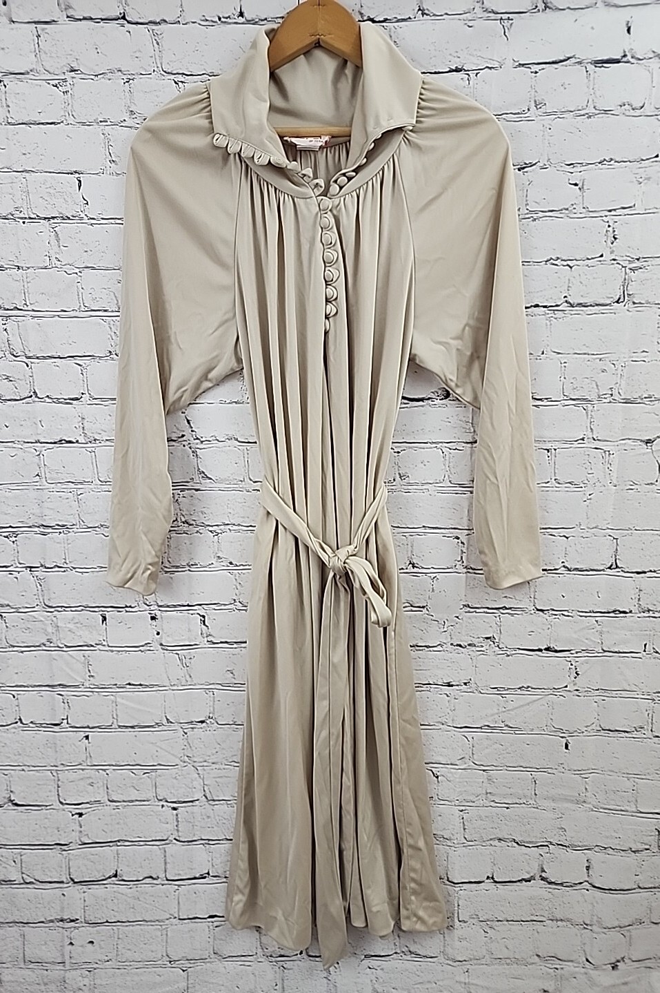 Vintage 70s Jerel of Texas Quiana Nylon Dress Buttoned Collar Belted Pockets Tan