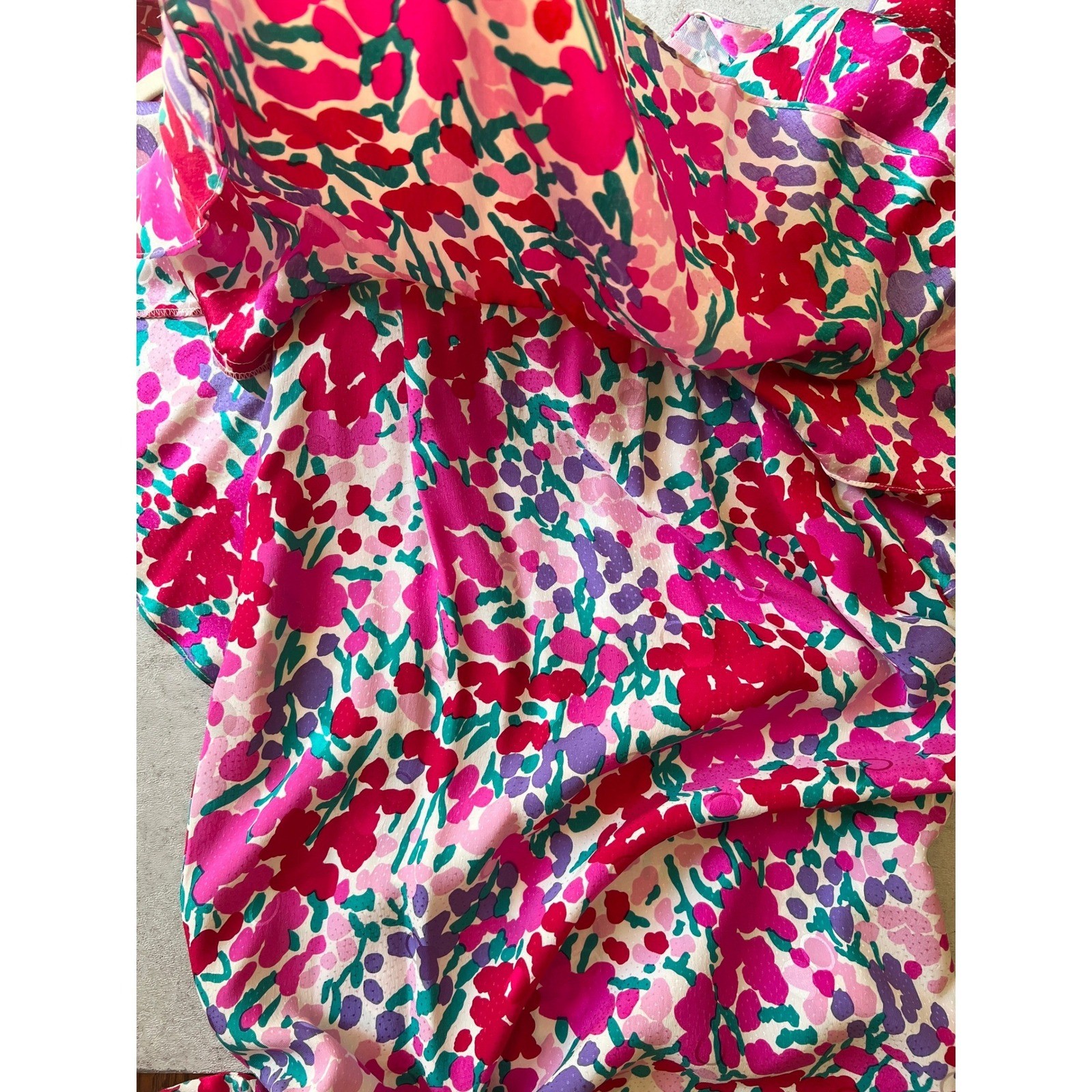 Jack Mulqueen Vintage Silk Dress Size 4 S Bright Floral Peplum Wrap V-Neck 80s
