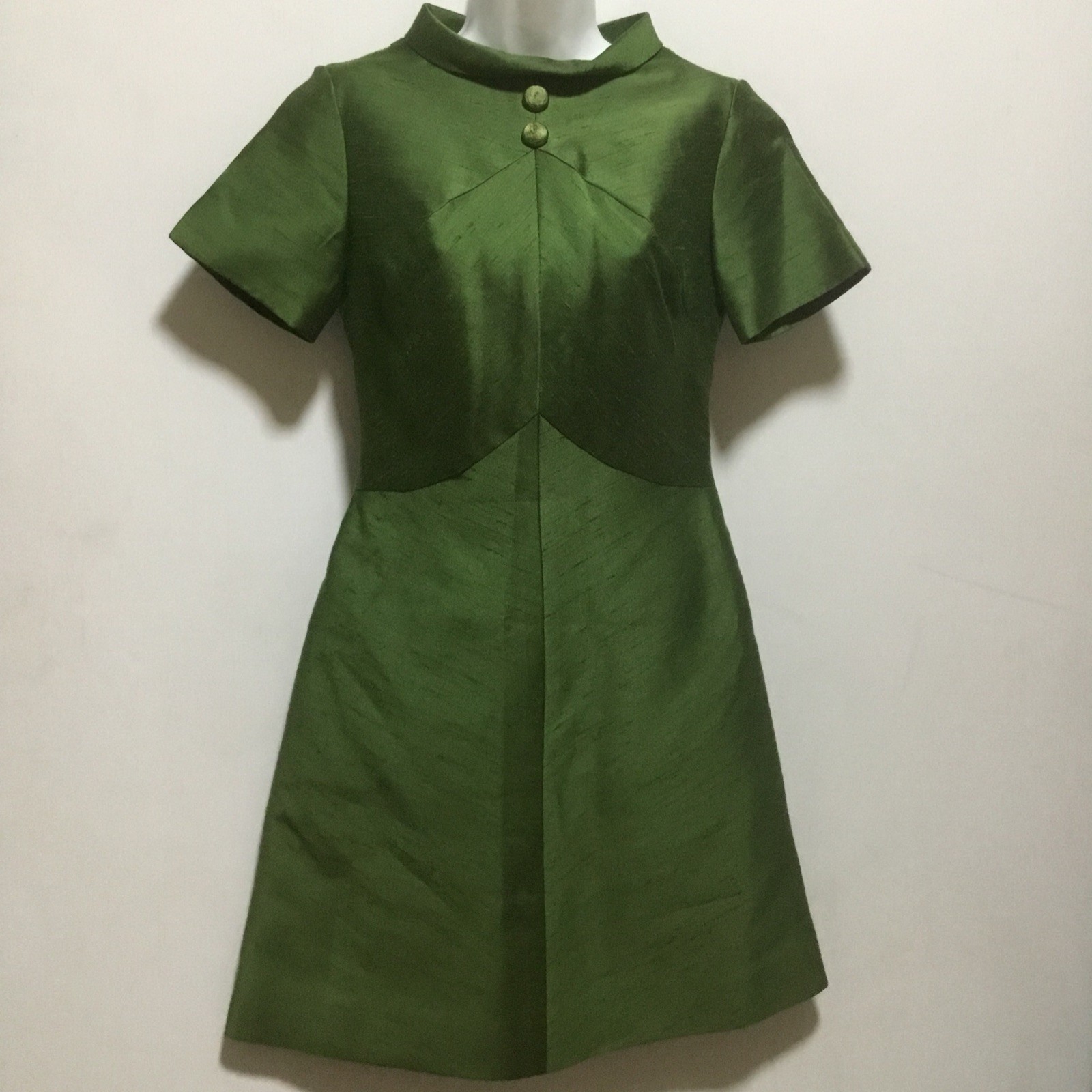 60s Forest Green Mod Mini Shift Dress VTG Sz 8 S Slubs Shantung ? Lined