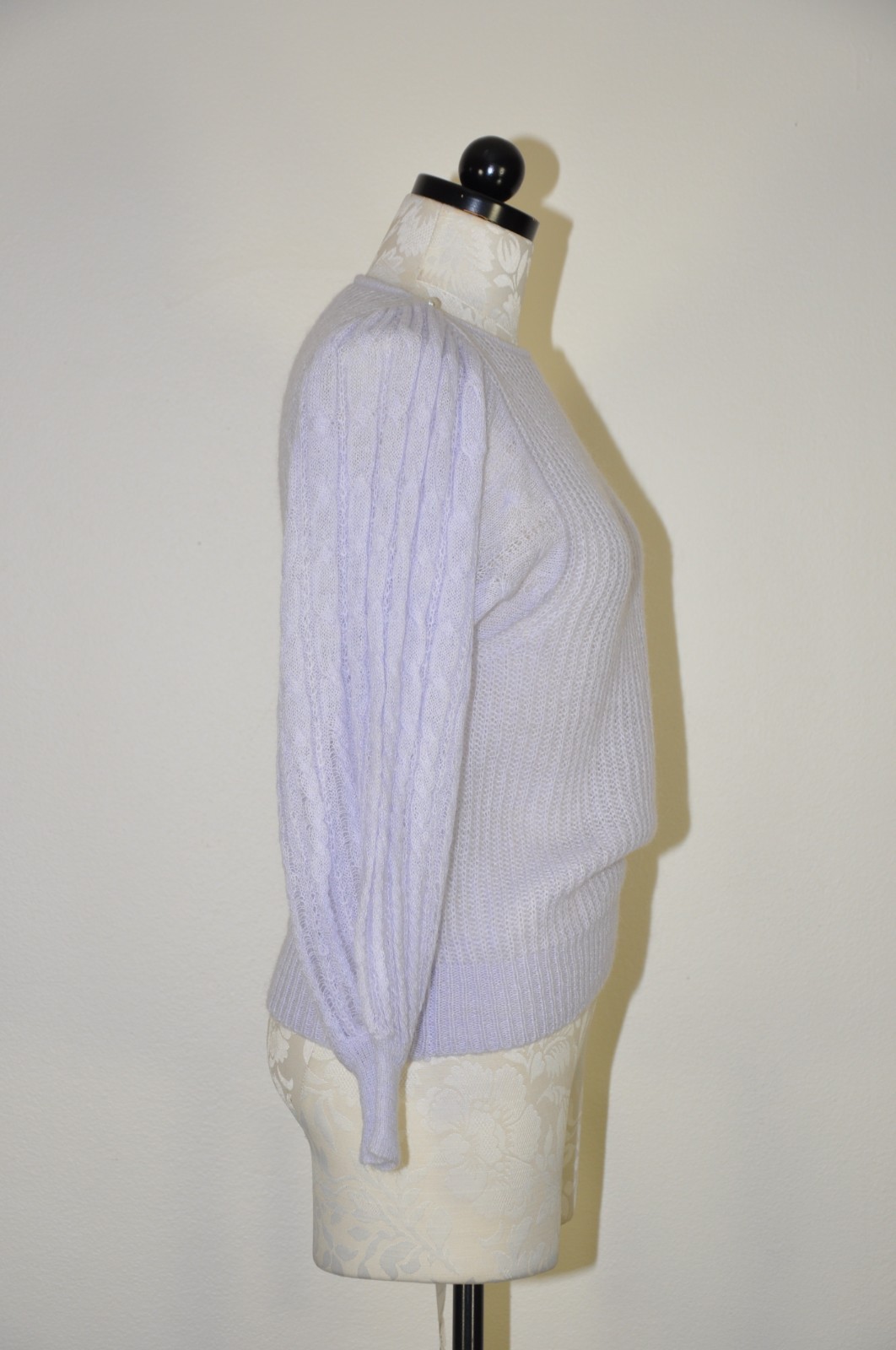 70s VTG Lavender Purple Mohair Puff Sleeve Pearl Buttons Knit Sweater Women XS