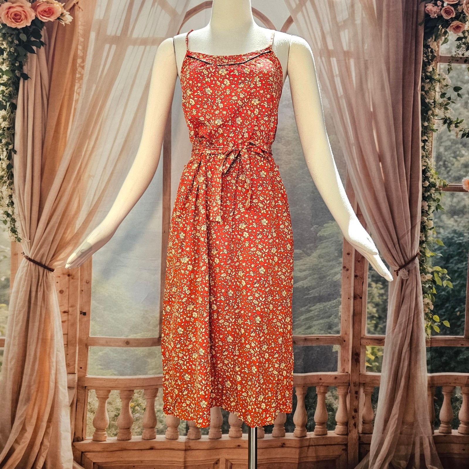Vintage 1970s Dress Sundress Spaghetti Straps Tie Belt Red Cream Floral Boho