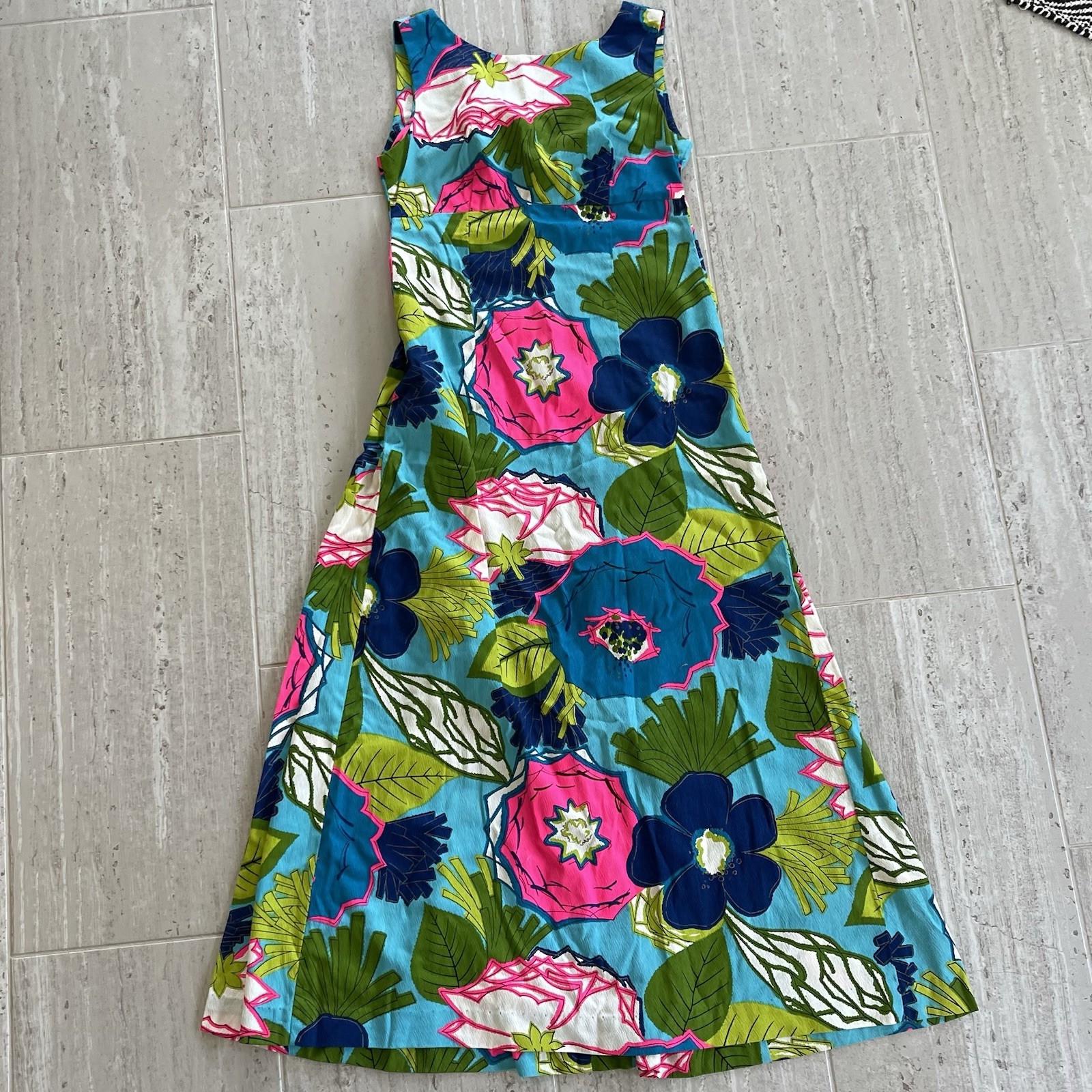 Vintage Ui-Maikai Hawaiian Maxi Dress 12 Waterfall Back Floral Cotton Tropical