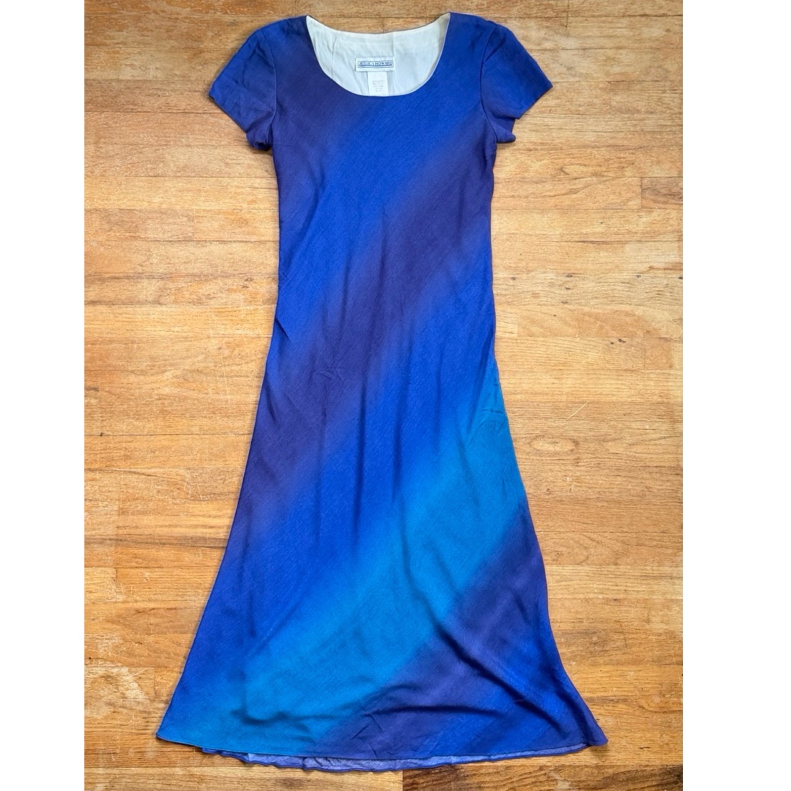 Vintage Blue Ombre Bias Cut Maxi Dress Size Medium 8 90s Rayon Short Sleeve