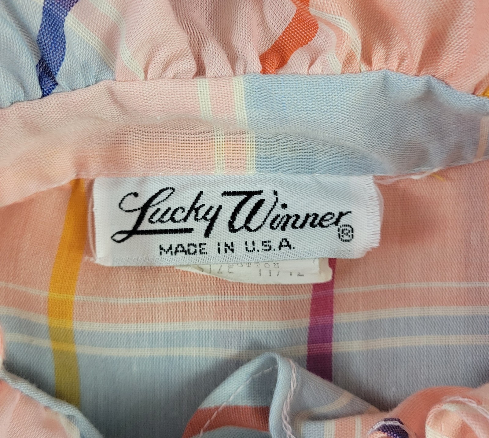 Vtg Lucky Winner Peach/Blue/Pink/Purple Plaid Top w Ruffled Collar Size 11/12