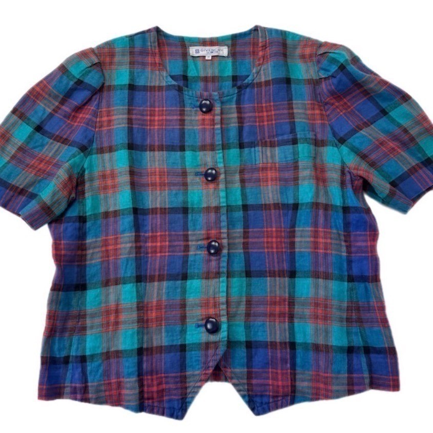 Givenchy Glamour Plaid Top Women 17 Multicolor Vintage Linen Button Up Blouse
