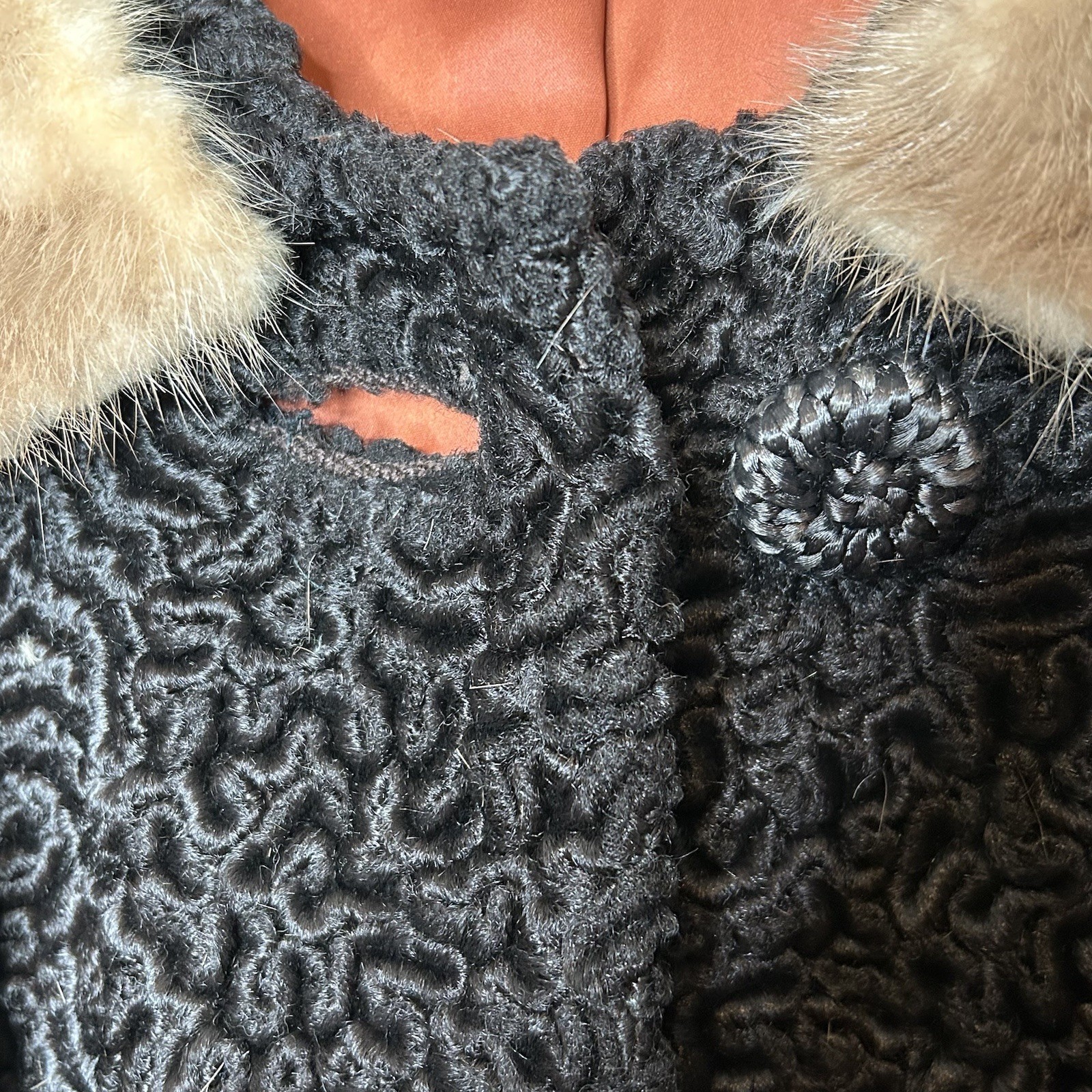Vintage Astrakin Lepshire Longline Curly Persian Lamb Wool Coat with Mink Fur XL
