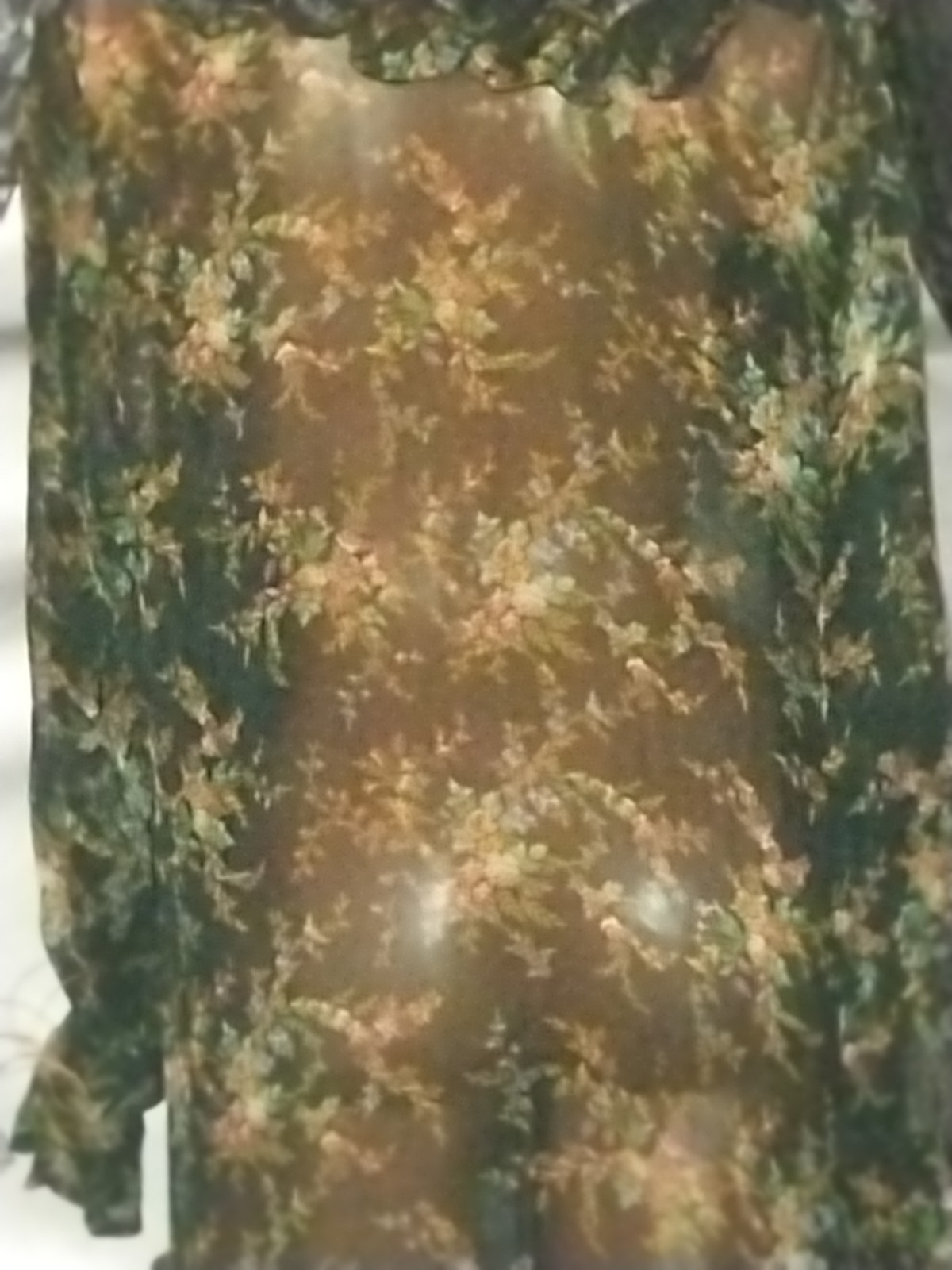 Vtg Silky Nylon Viscose CHIFFON Jade Floral Opaque Ruffles Poets Nightgown 48″
