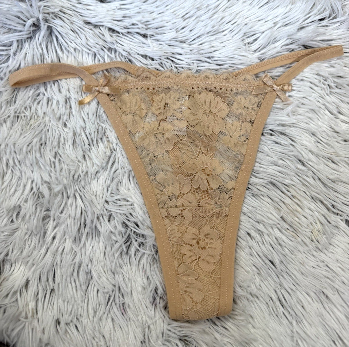 Women’s Lace Sz Small Thong String Panties floral brown Underwear w/ Bows