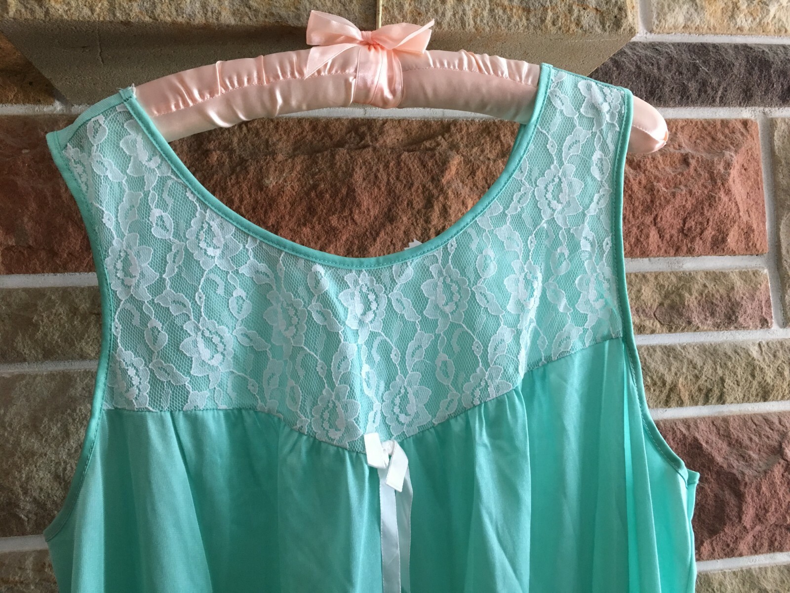 Vtg Sea Foam Green BEAU TRIX Nylon lace full length nightgown size 44