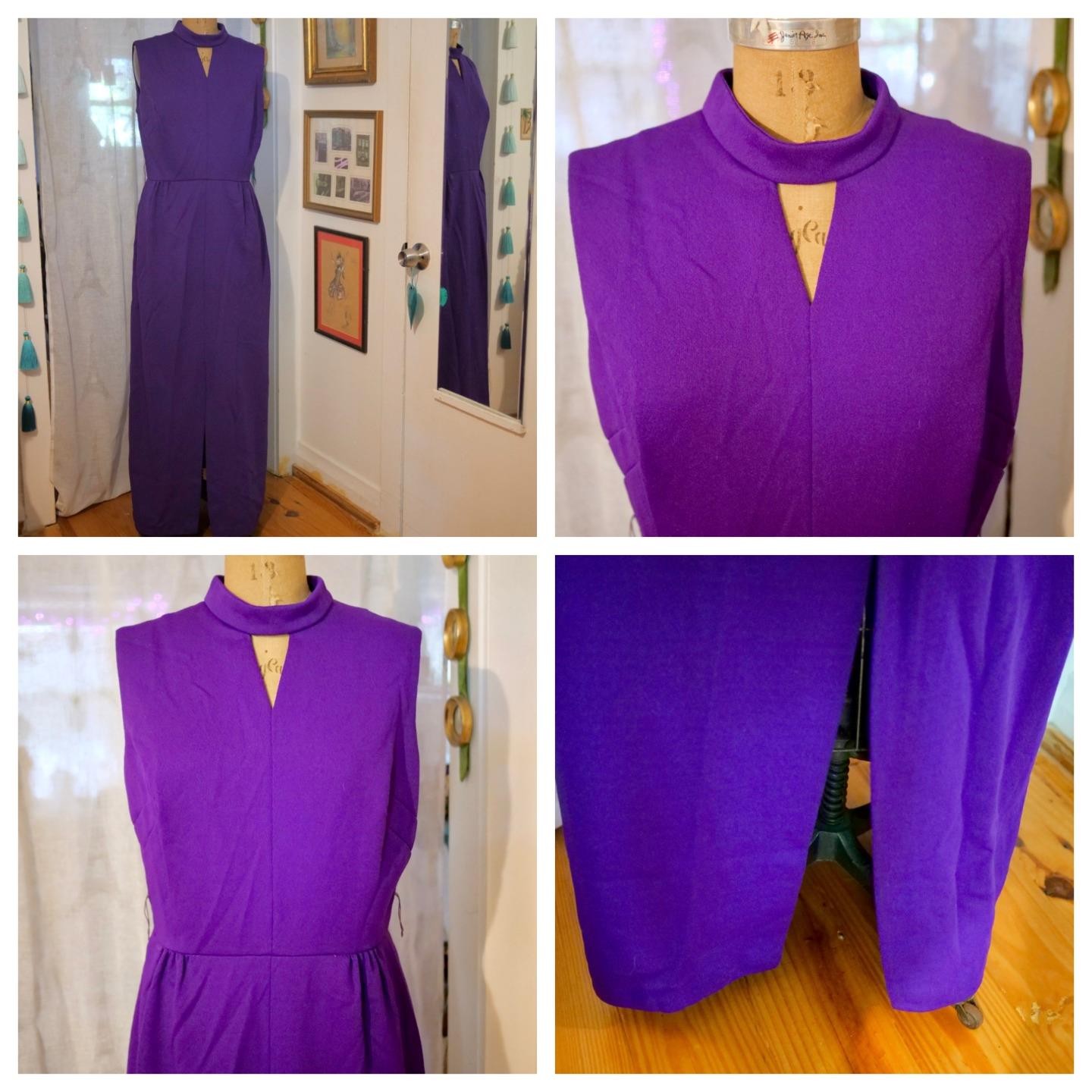 Vintage 60s 70s PURPLE Poly Knit Minimalist Mod Column Maxi Dress Hippie Boho L