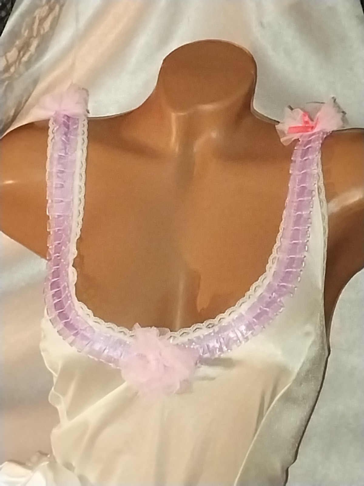 VTG Silky Nylon DollCore Cami Blouse Top Frilly Lacy Neon Pink Bows Burlesque 48