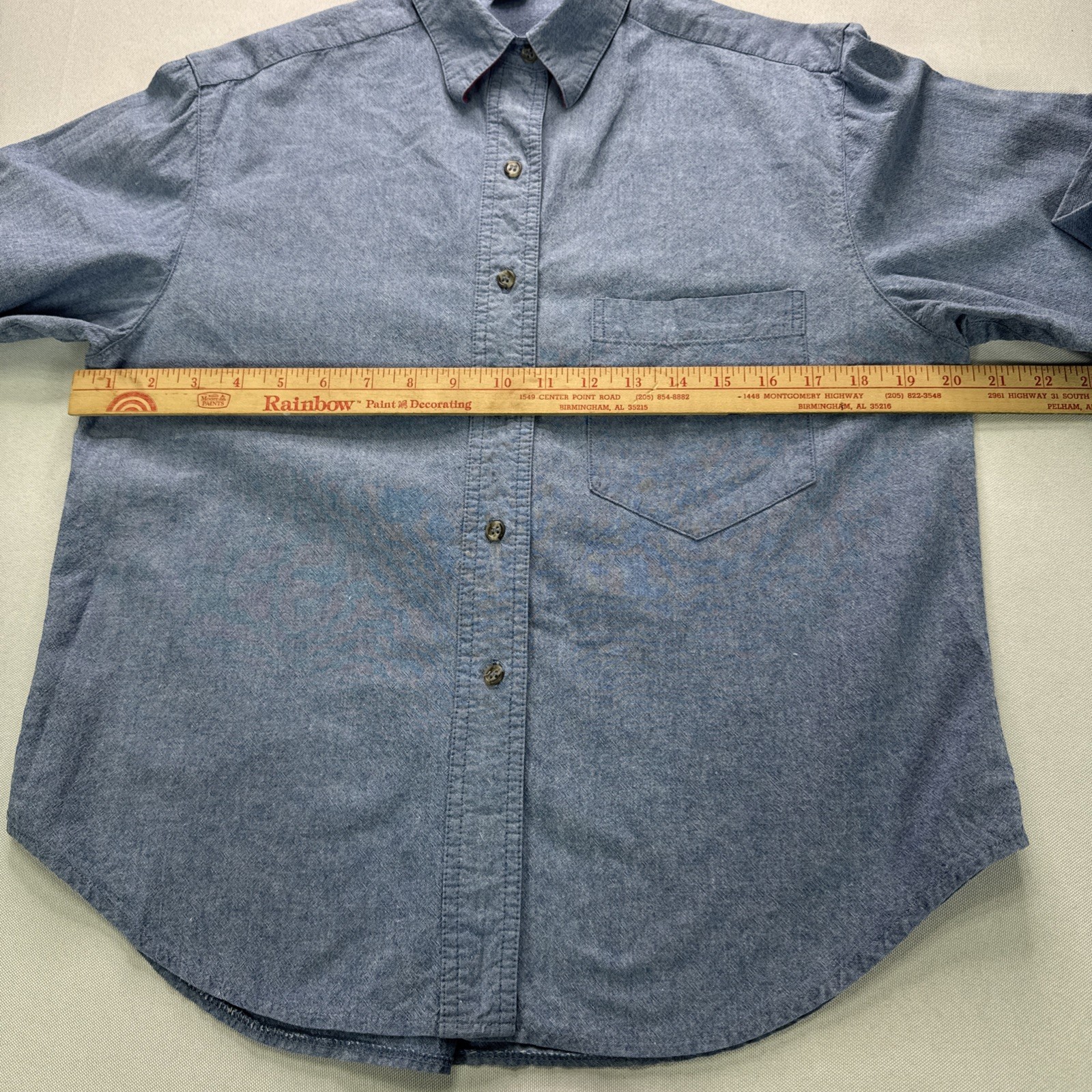 Vintage 90s Birch Bros Chambray Shirt Medium Made in USA Plaid Contrast Petite