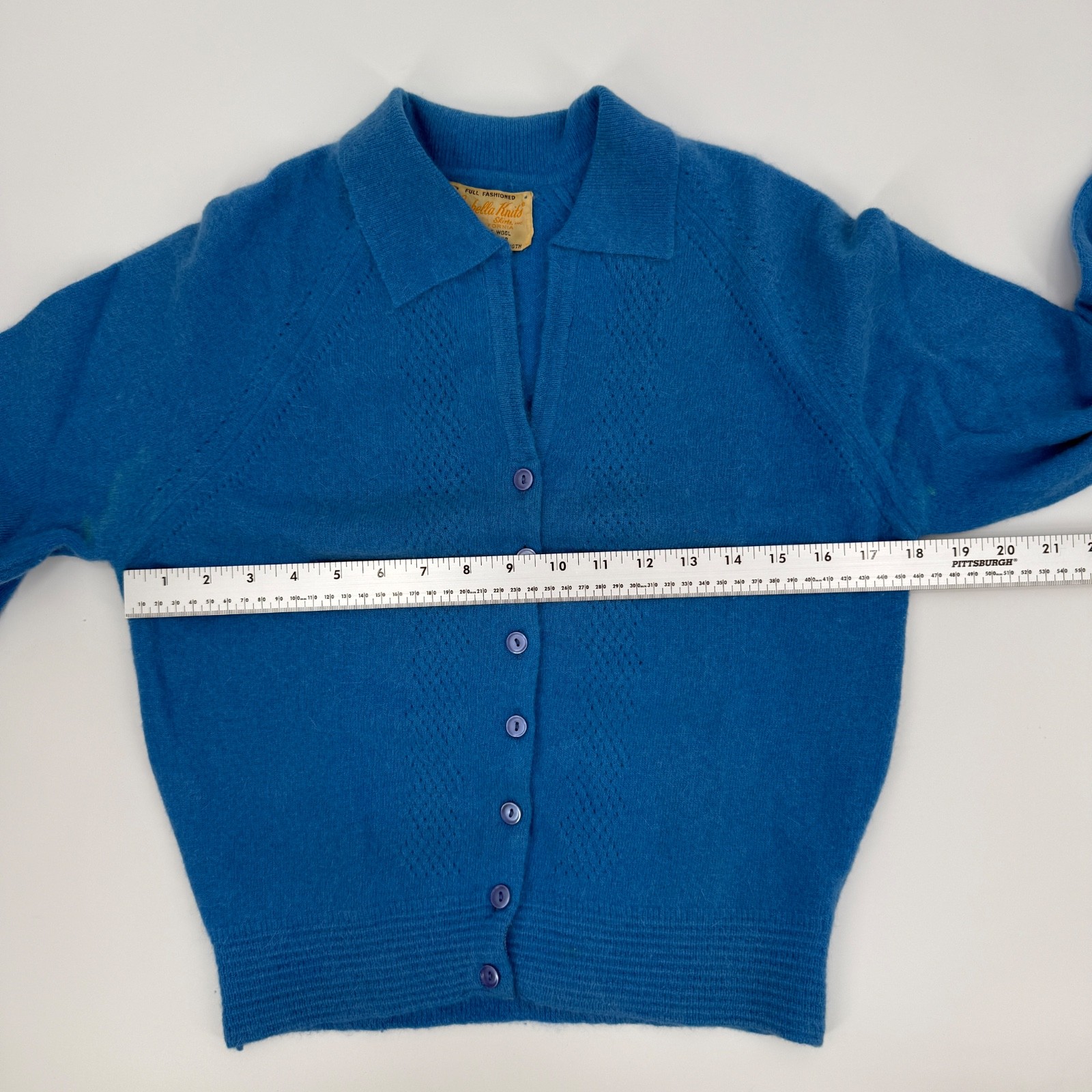 Vintage 60s 70s Loubella Knits Blue Pointelle Lambswool Fur Knit Sweater Collar