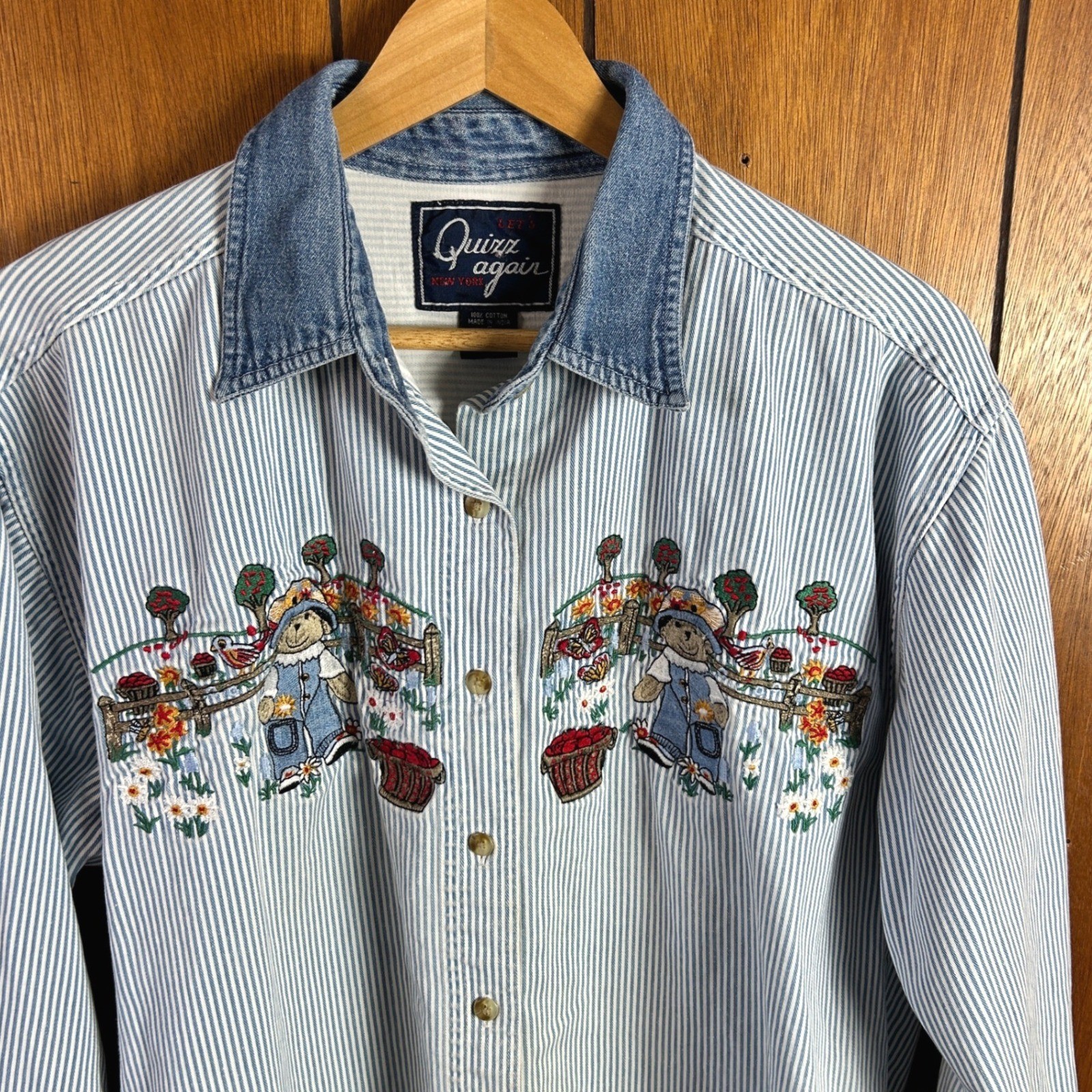 Vintage Quizz Again Hickory Stripe Teddy Bear Embroidered Denim Collar Shirt S