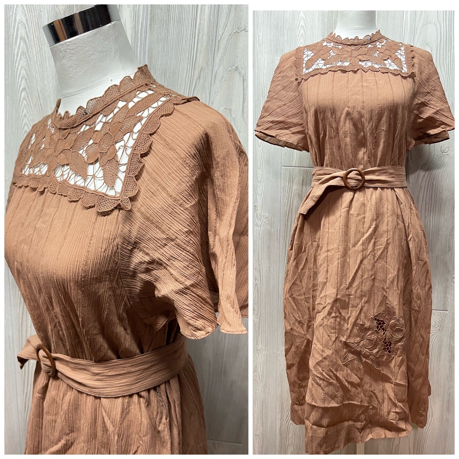 Vintage 70s Brown TanCut Out Floral Lace Sheath Dress Cottage Core Mod Secretary