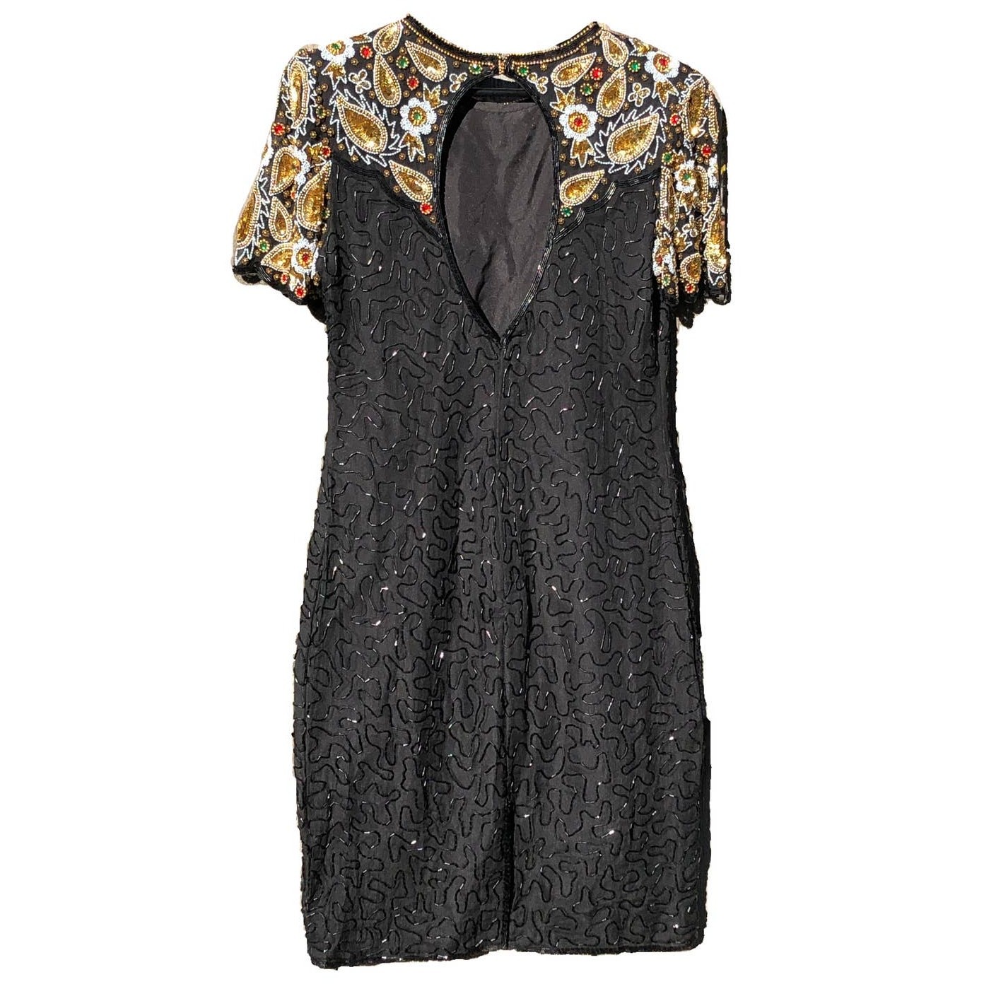 Vintage Fully Beaded Black and Silver Silk Party Dress, 1980s Glamour