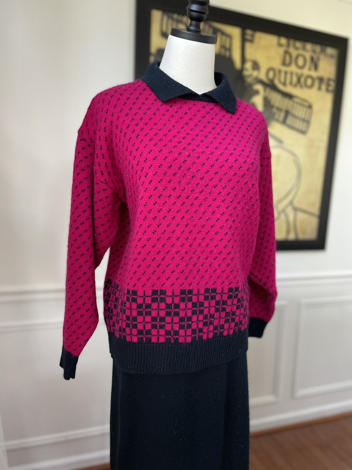 Vintage 80s Boundary Waters Outfit Sweater Skirt Set Fuchsia Black M
