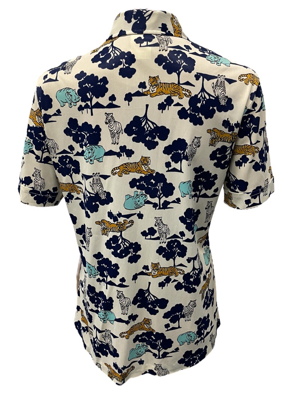 VTG 70s Animal Safari Motif Daggar Collar Short Sleeve Button Up Shirt Women’s M