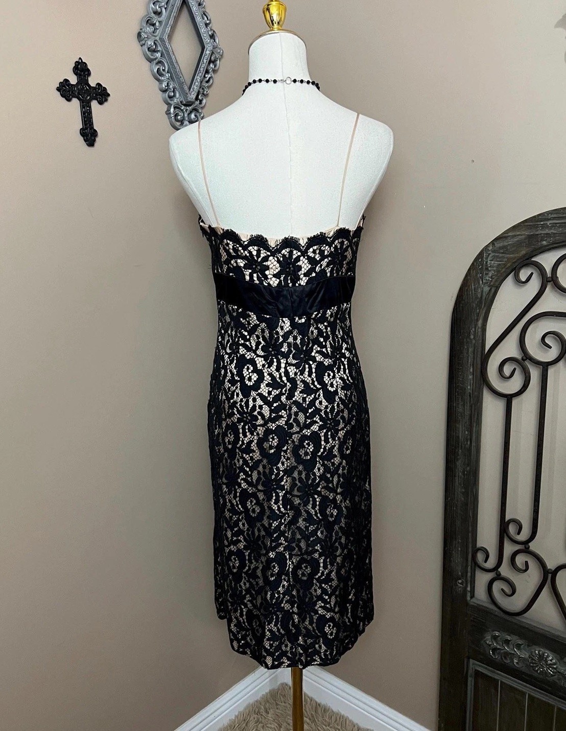 Vintage 90s Black Lace Nude Illusion Tank Dress Size S/M Gothic Party Cocktail
